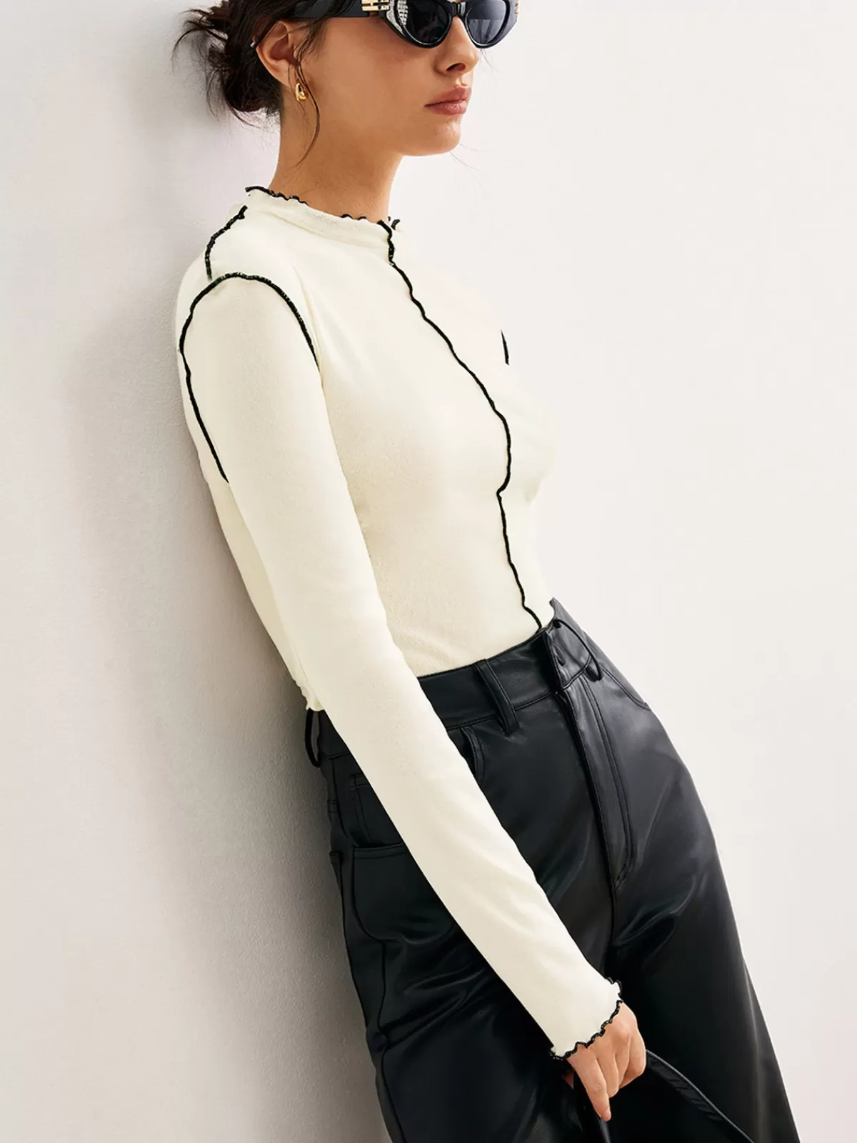 COMMENSE Contrast Lettuce Trim Blouse White Cheap