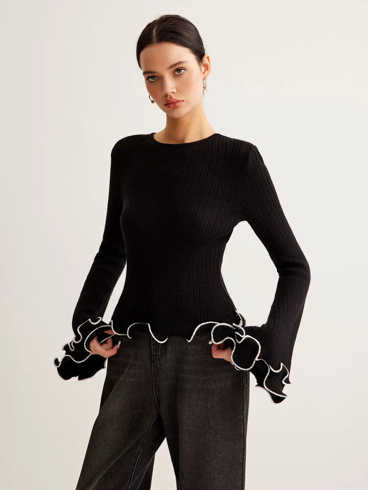 COMMENSE Contrast Ruffle Sweater Black New