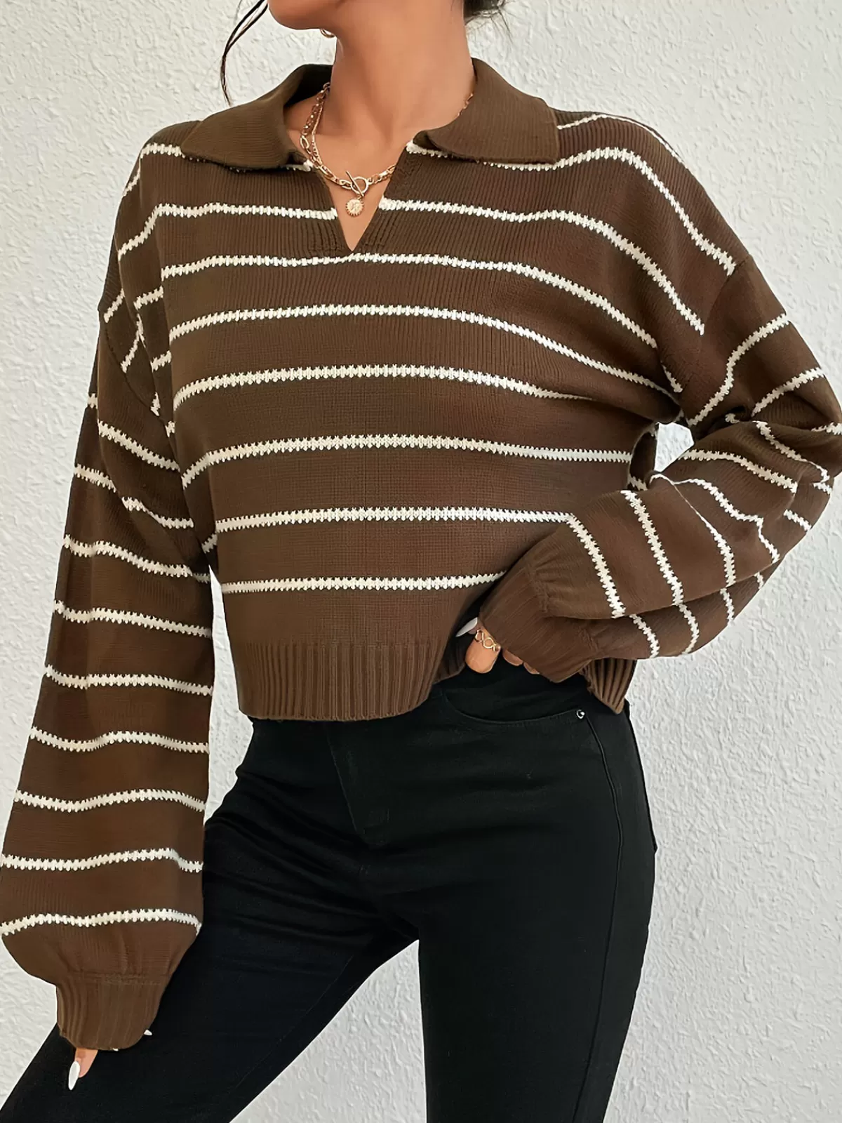COMMENSE Contrast Striped Lapel Short Sweater Brown Clearance