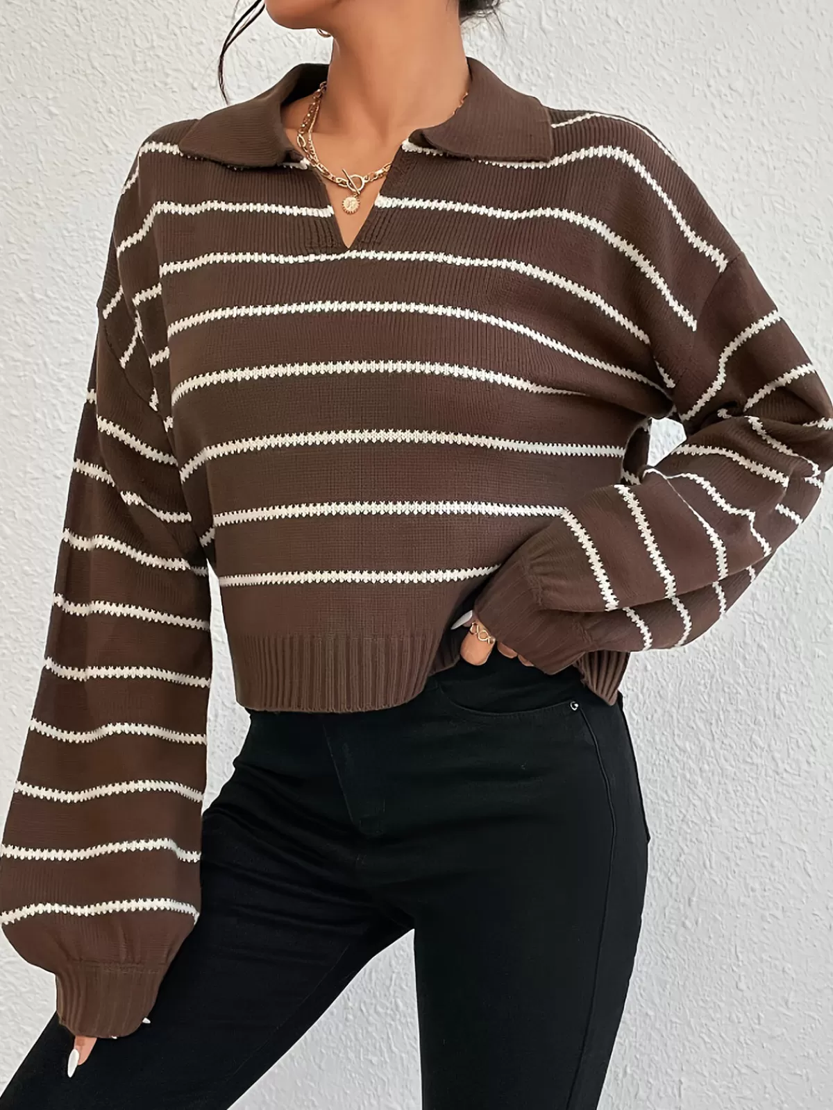 COMMENSE Contrast Striped Lapel Short Sweater Brown Clearance