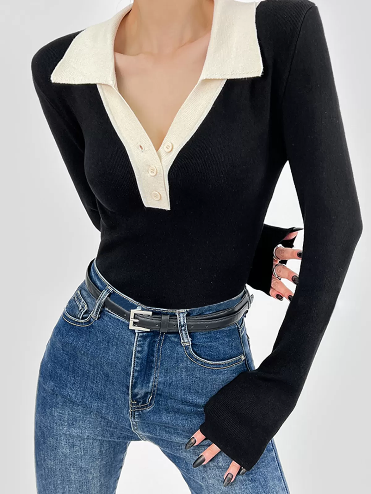 COMMENSE Contrast Trim Button Up Ribbed Shirt Black Cheap