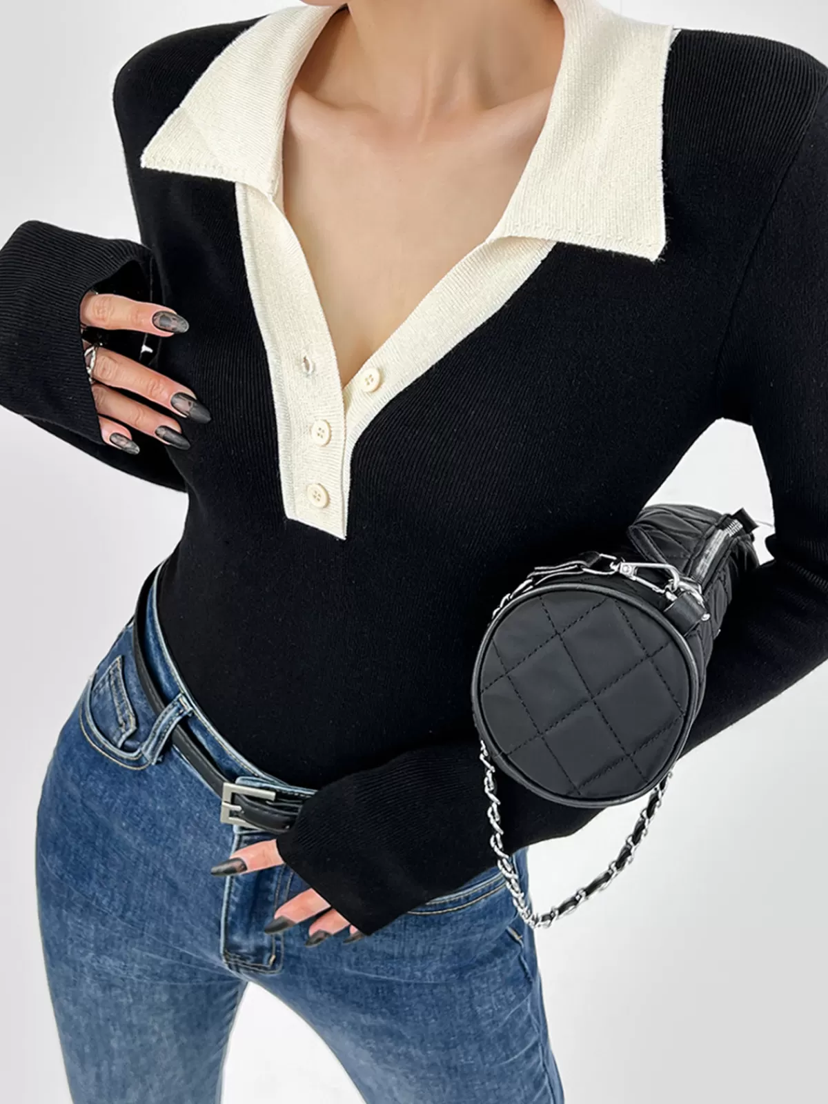 COMMENSE Contrast Trim Button Up Ribbed Shirt Black Cheap