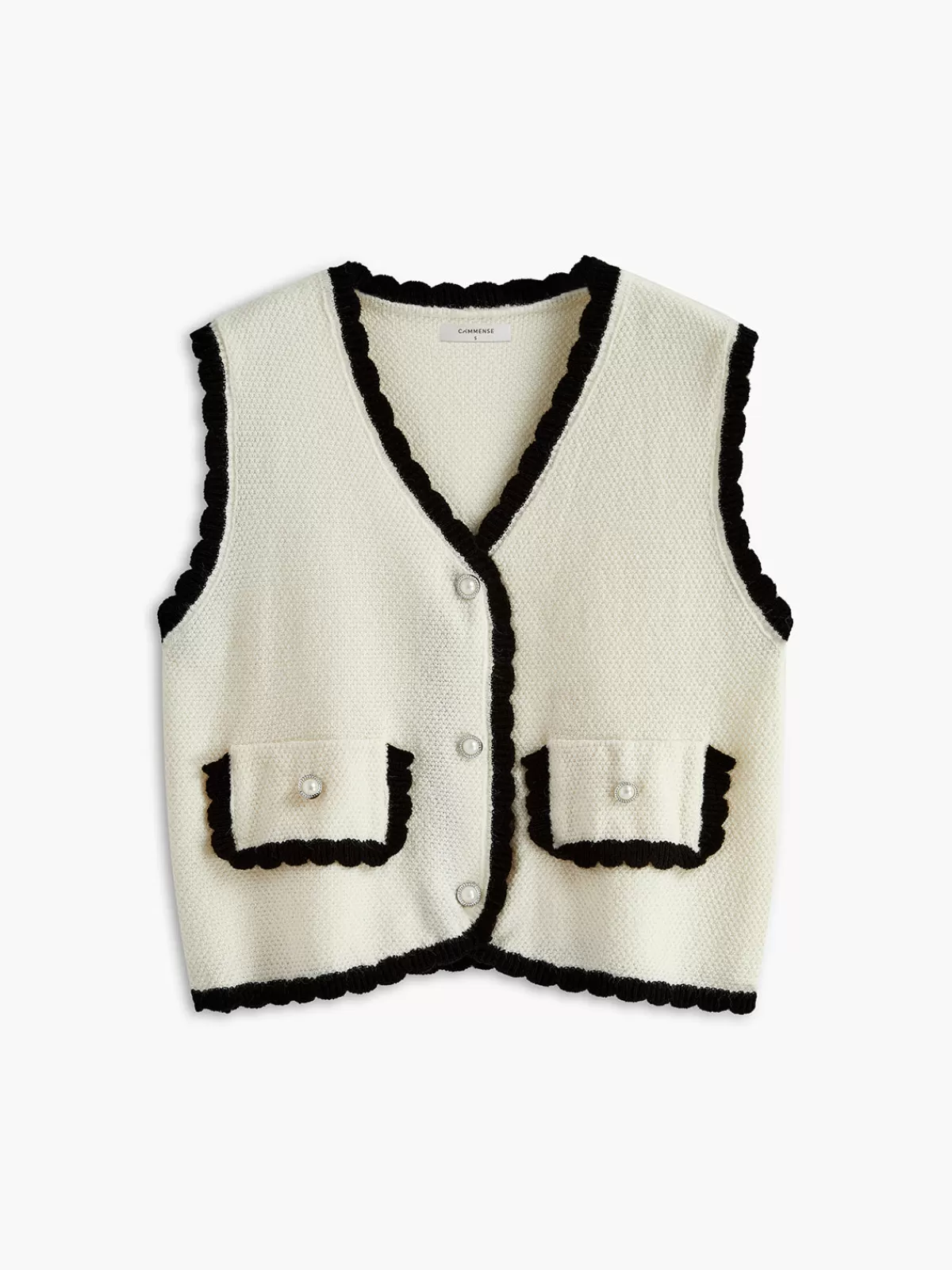 COMMENSE Contrast Wave Trim Breasted Sweater Vest Off-White Hot