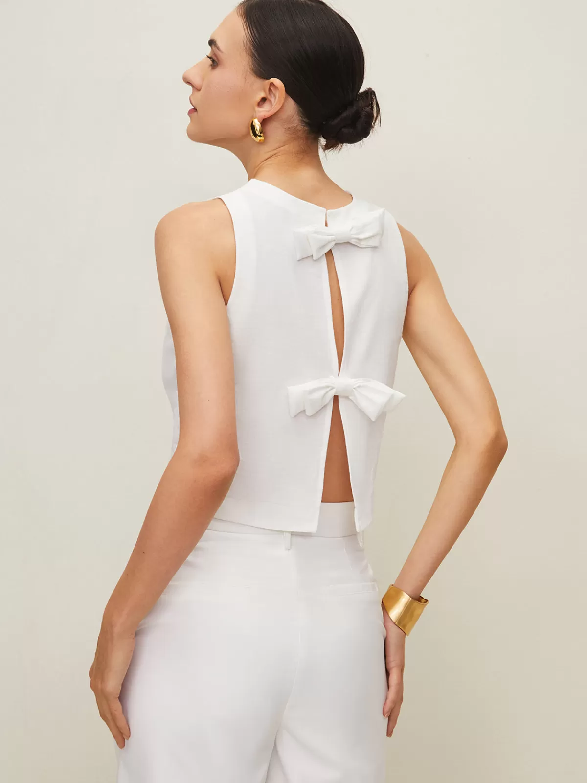 COMMENSE Cotton & Linen Bow Crew Neck Blouse White Clearance