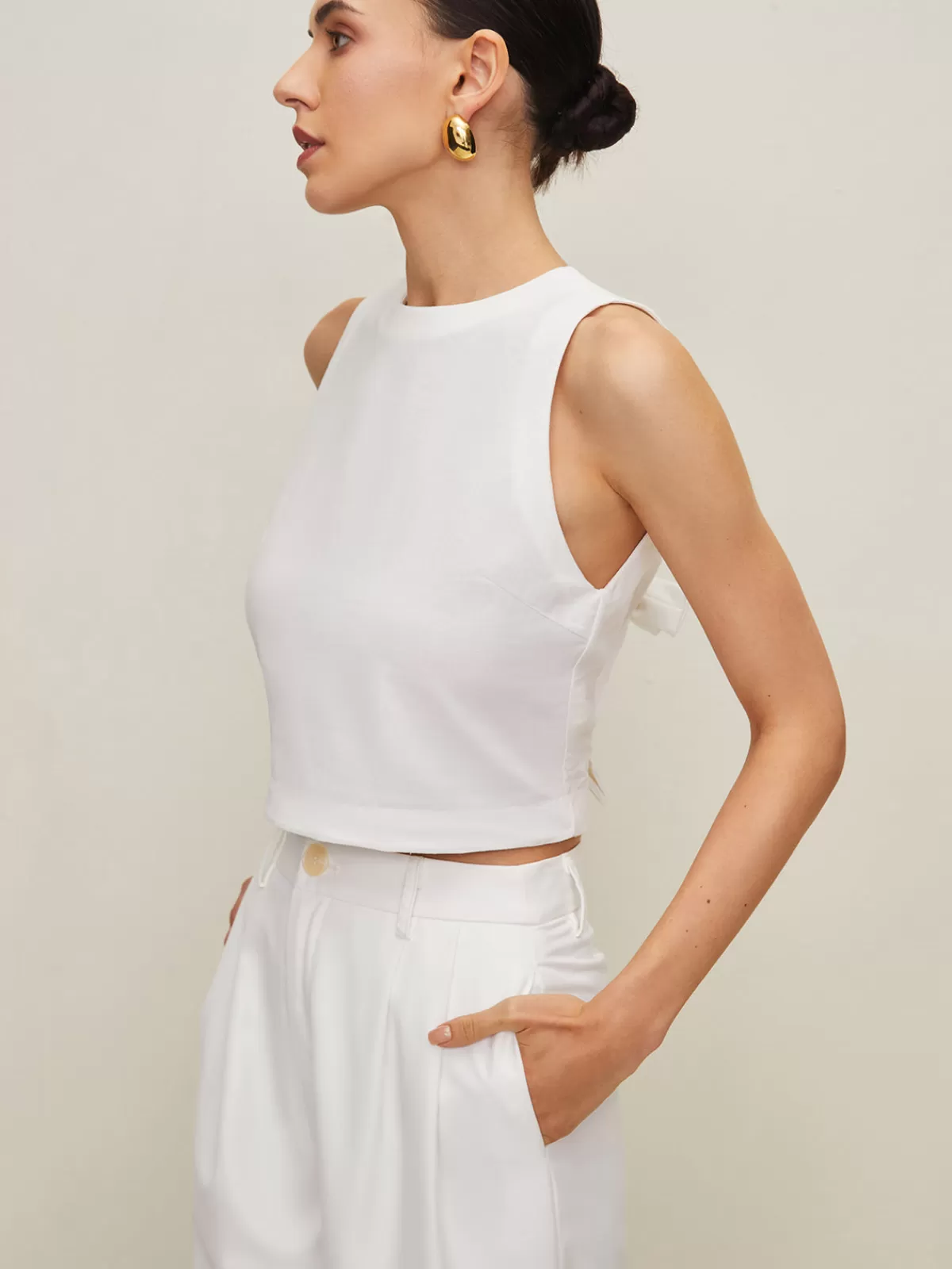 COMMENSE Cotton & Linen Bow Crew Neck Blouse White Clearance