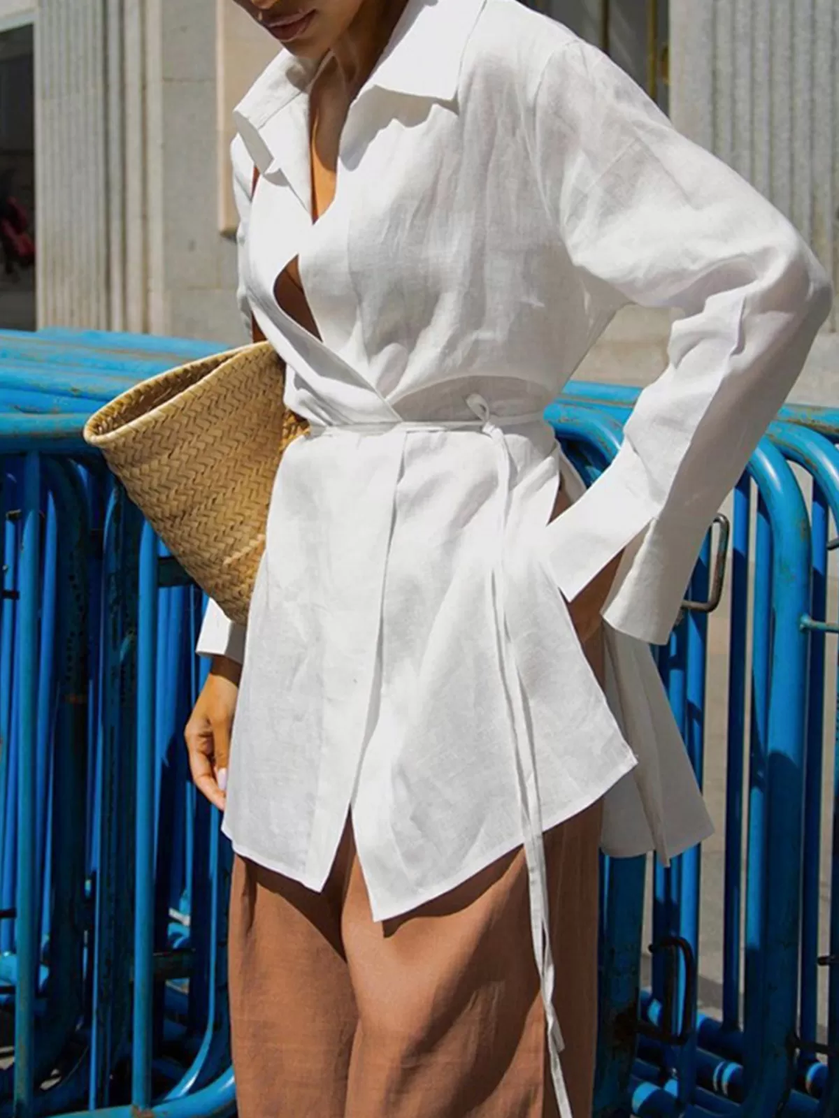 COMMENSE Cotton & Linen Long Sleeve Tied Blouse White Hot