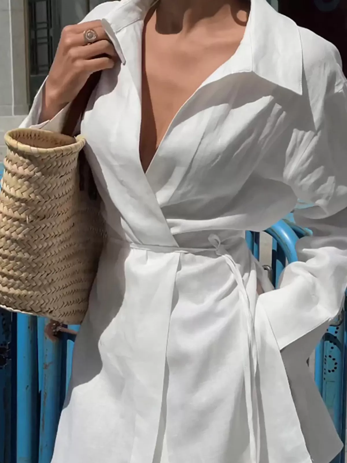 COMMENSE Cotton & Linen Long Sleeve Tied Blouse White Hot