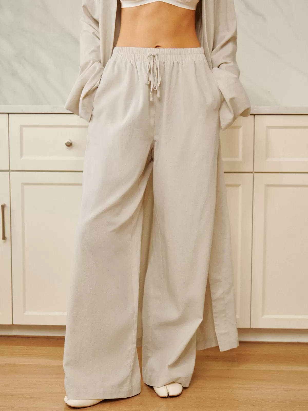 COMMENSE Cotton & Linen Solid Drawstring Pants Off-White Sale