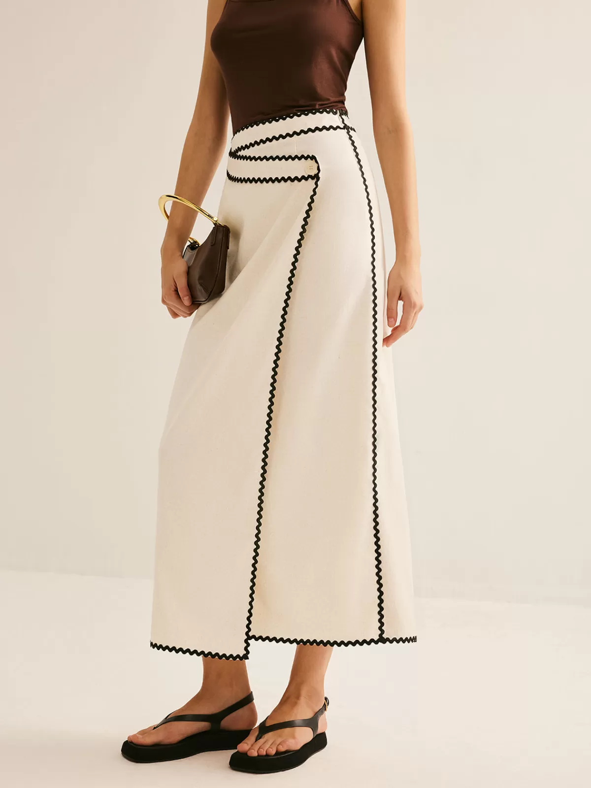 COMMENSE Cotton & Linen Wave Trim Midi Skirt Off-White Store