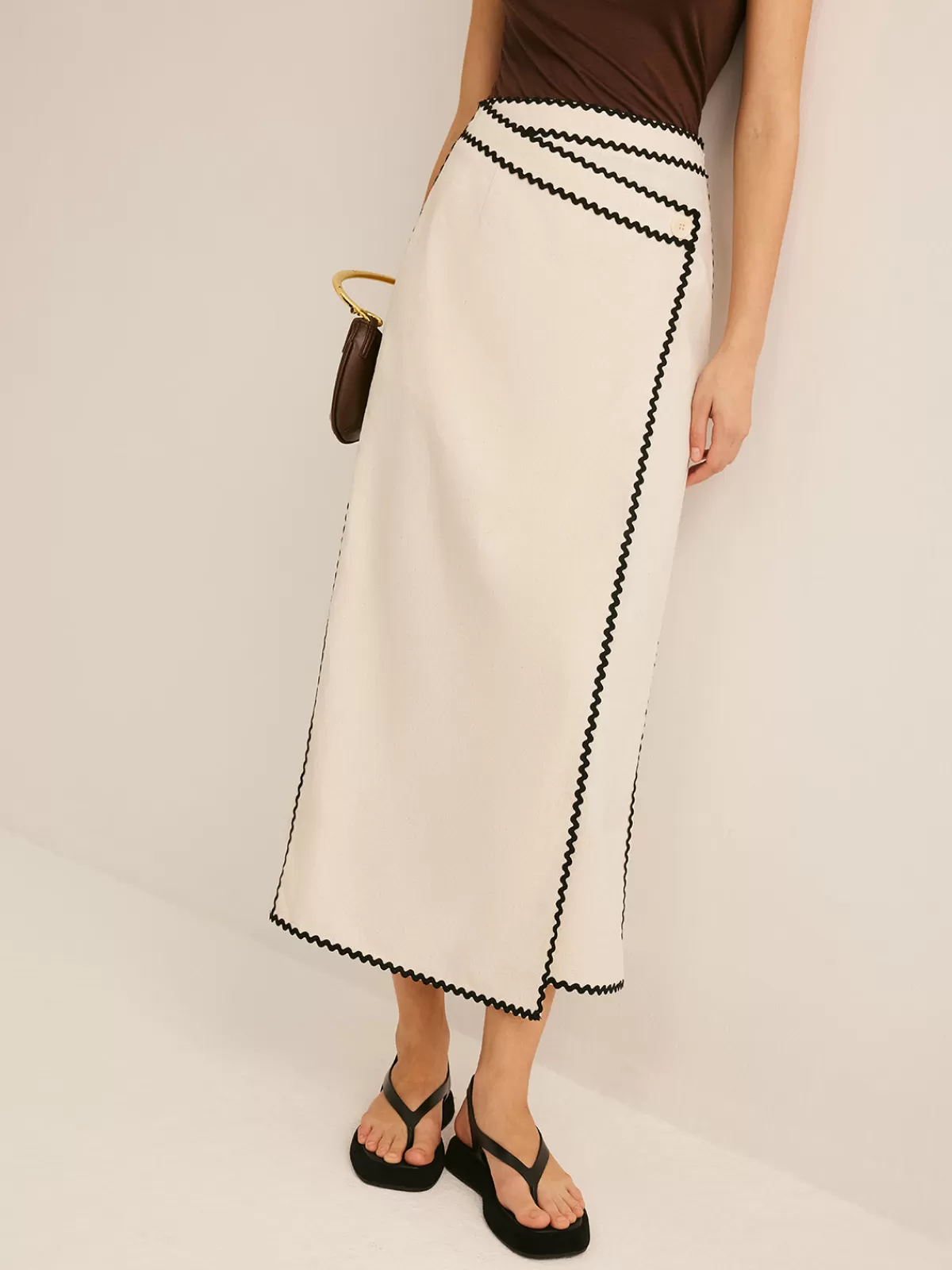 COMMENSE Cotton & Linen Wave Trim Midi Skirt Off-White Store