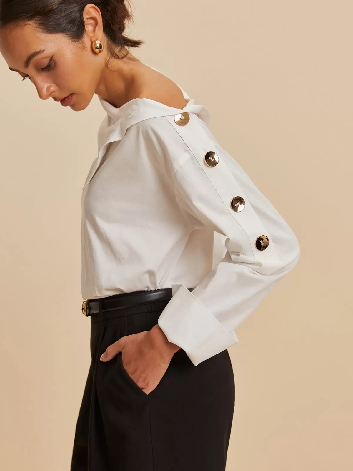 COMMENSE Cotton Asymmetrical Metal Button Shirt White Store