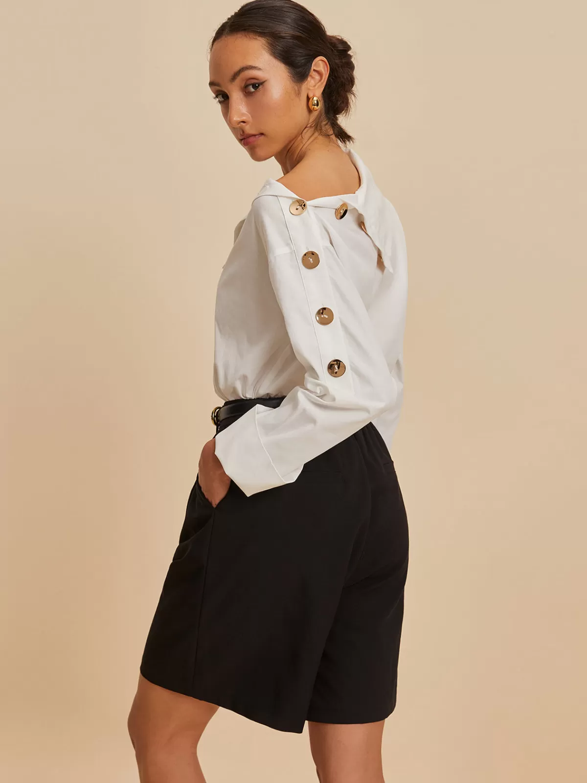 COMMENSE Cotton Asymmetrical Metal Button Shirt White Store