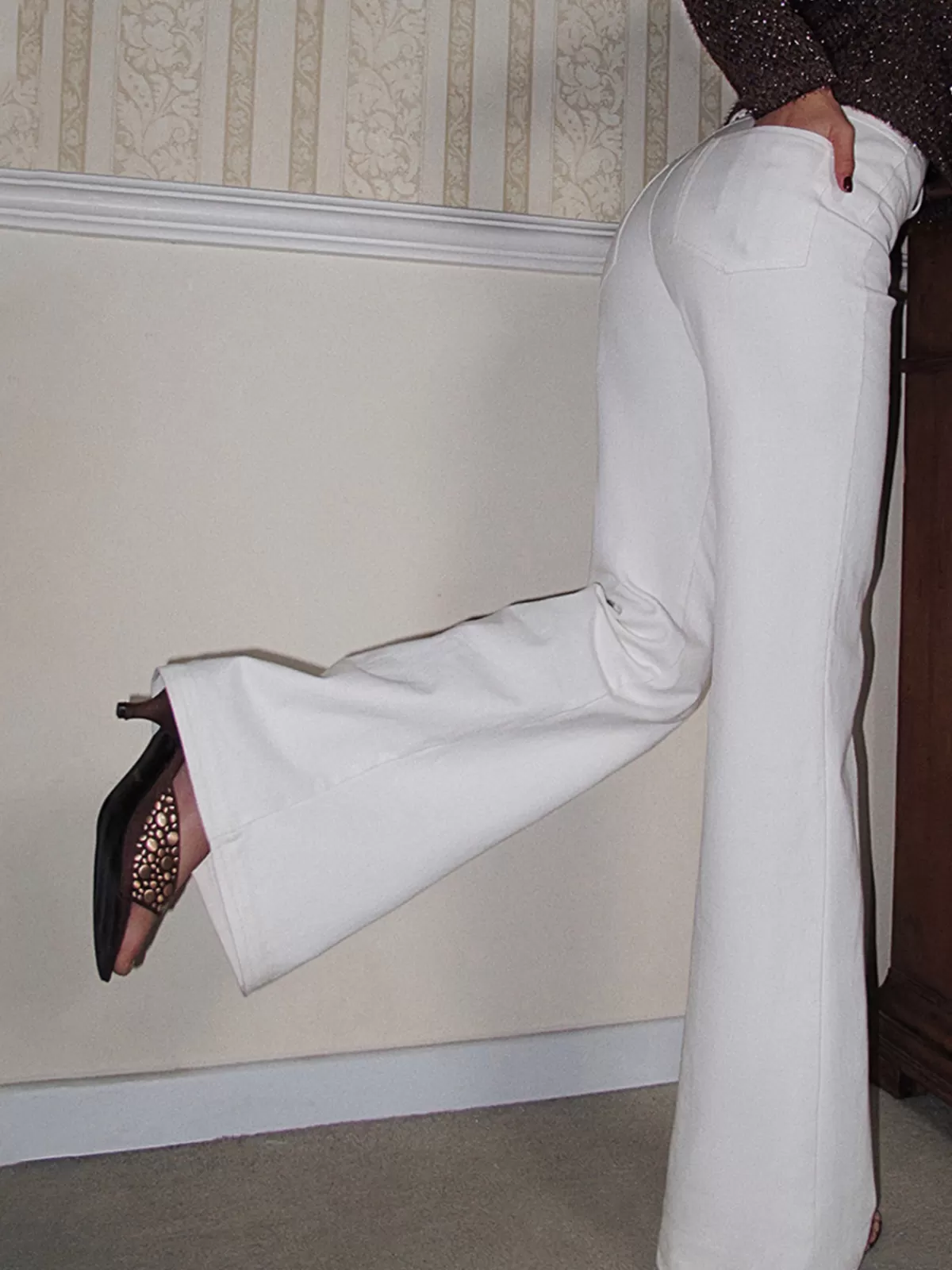 COMMENSE Cotton High-Waist Bootcut Pants White Cheap