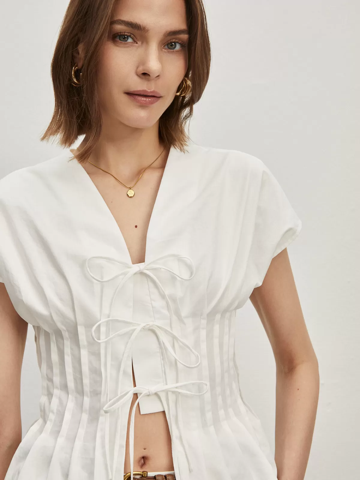 COMMENSE Cotton Pleated Knotted Blouse White Clearance
