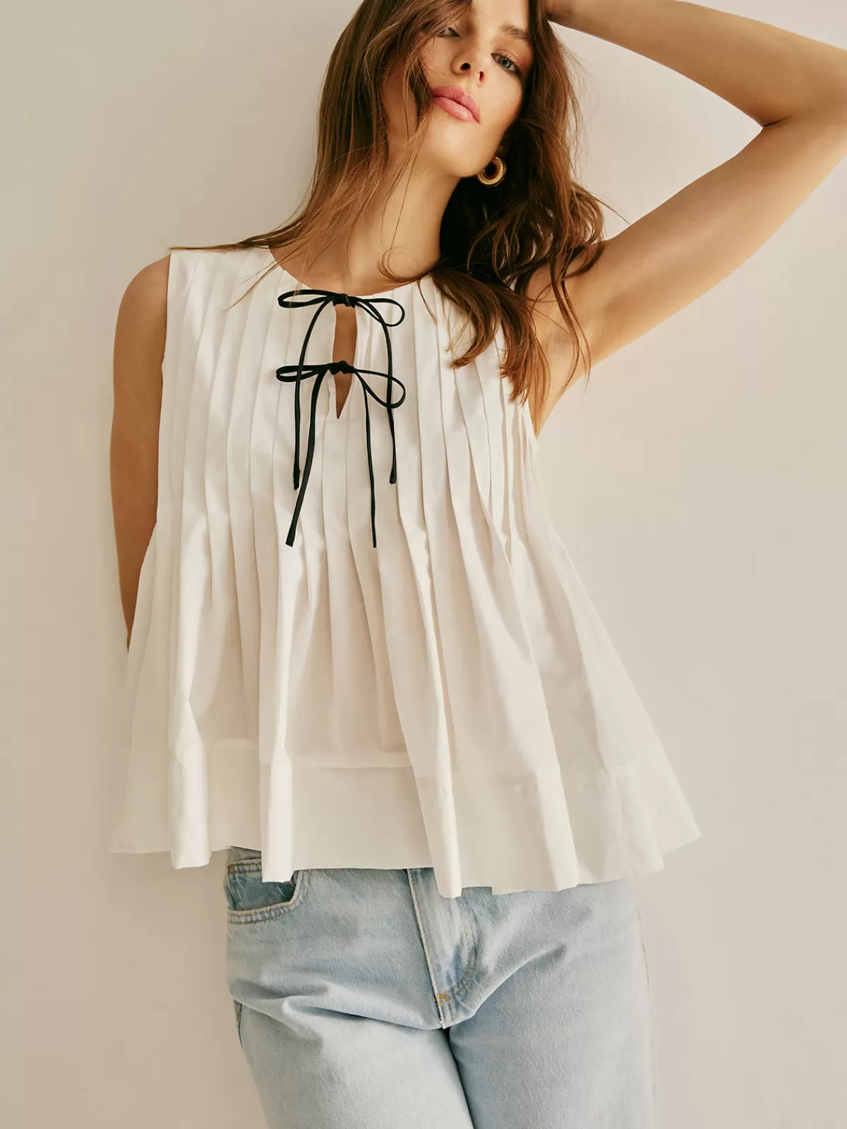 COMMENSE Cotton Ruffle Pleated Tie Front Blouse White Store