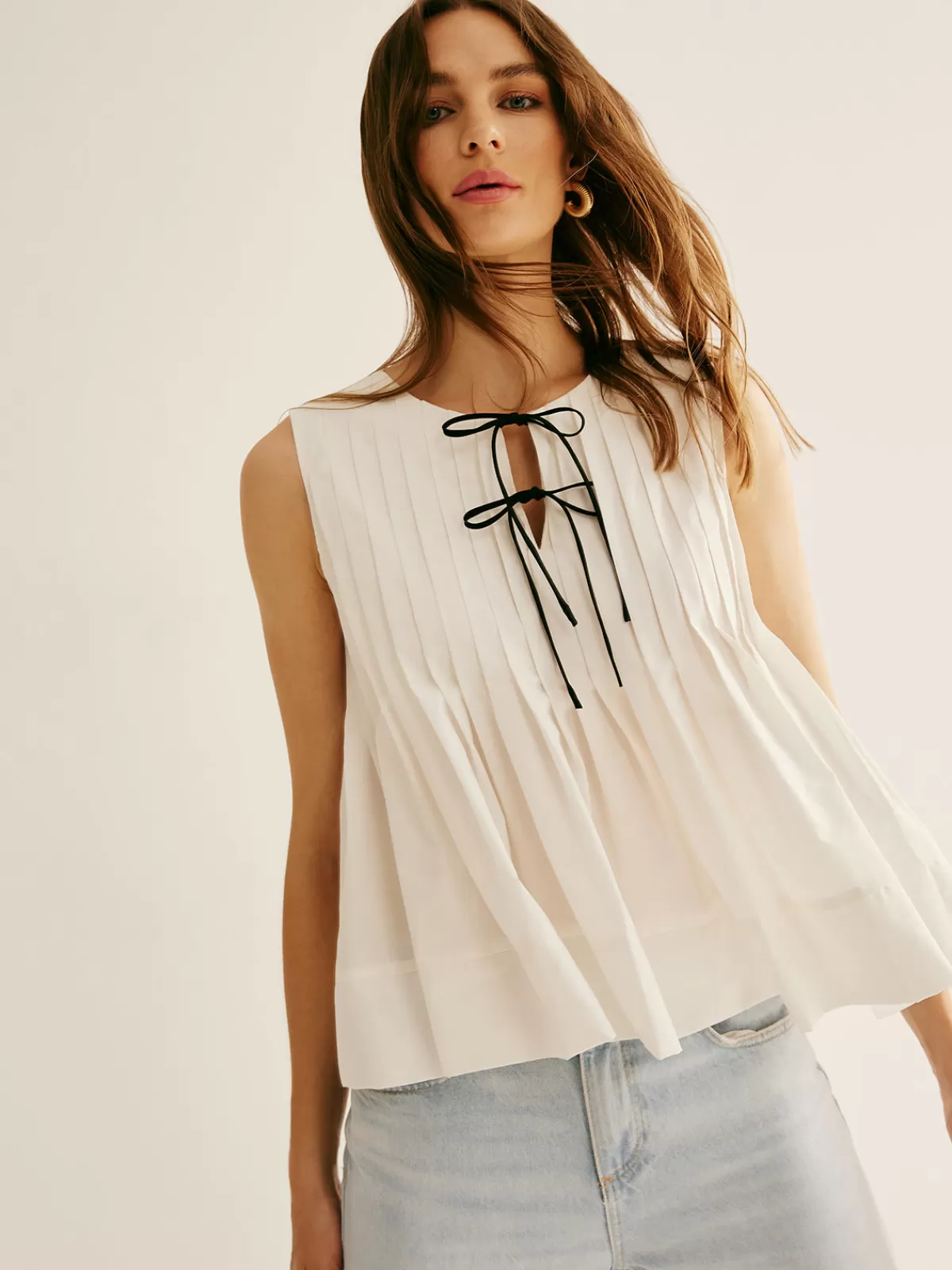 COMMENSE Cotton Ruffle Pleated Tie Front Blouse White Store