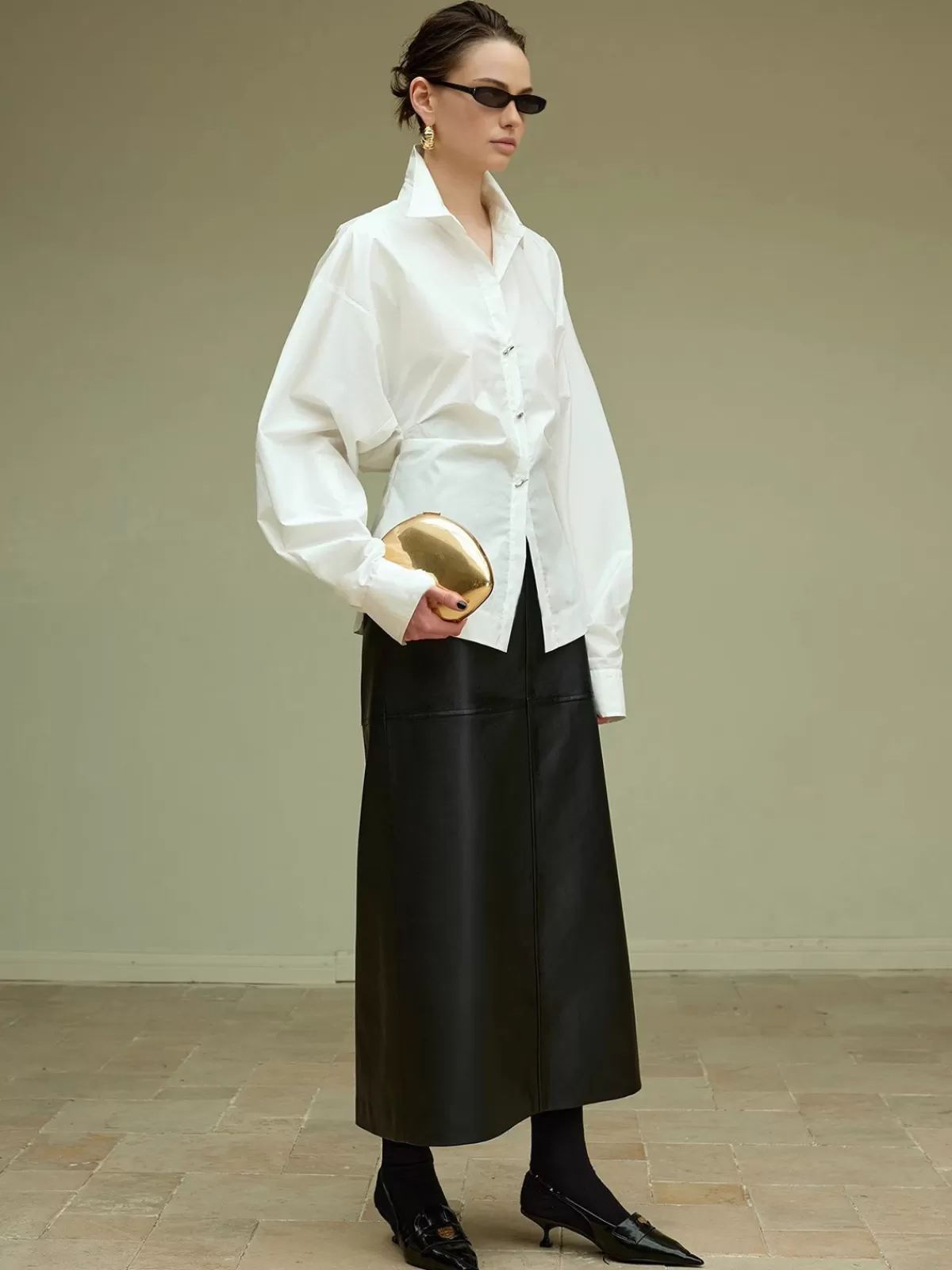 COMMENSE Cotton Side Pleated Polo Shirt White Store