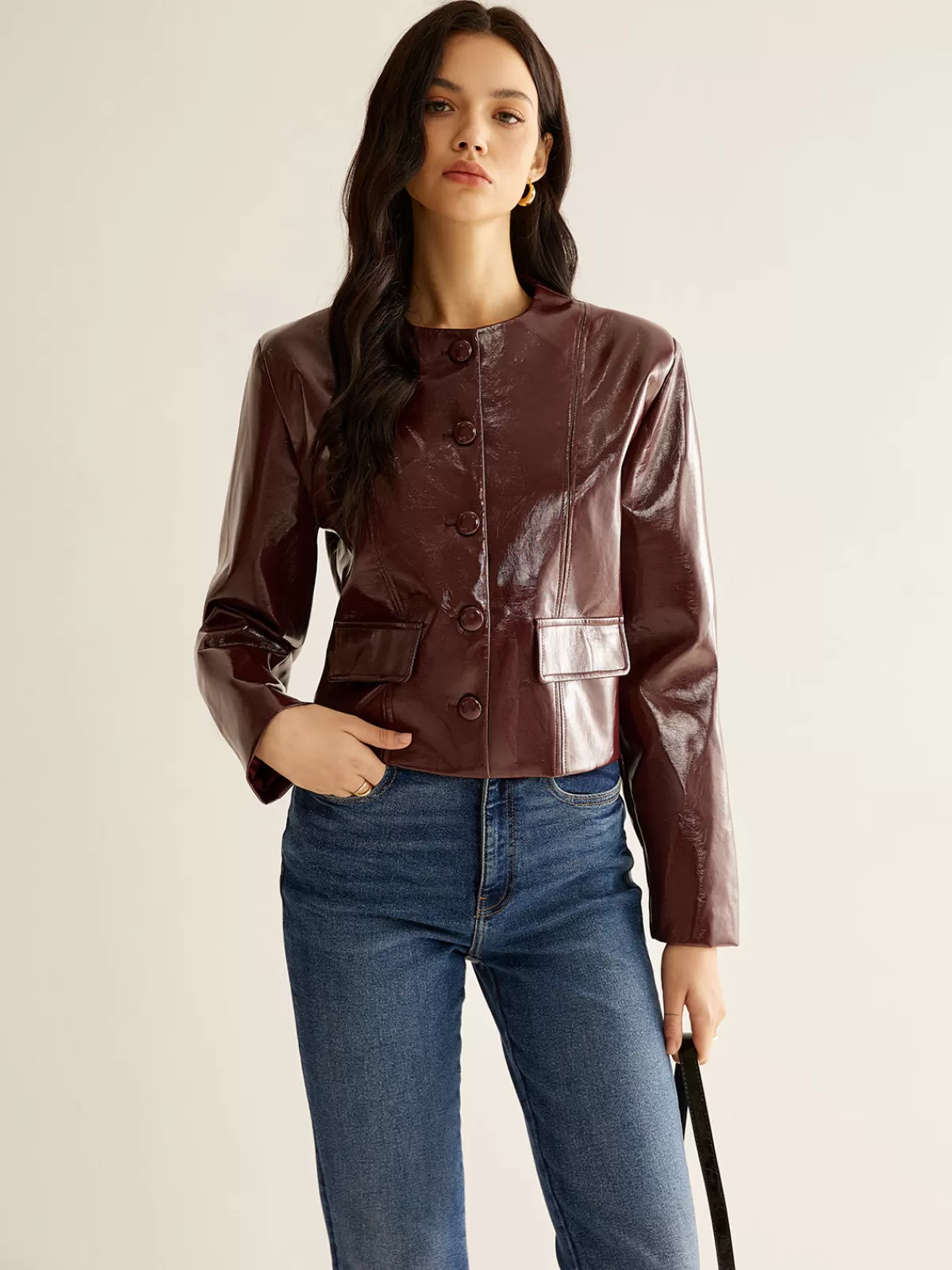 COMMENSE Crew Neck PU Leather Short Blazer Burgundy Outlet