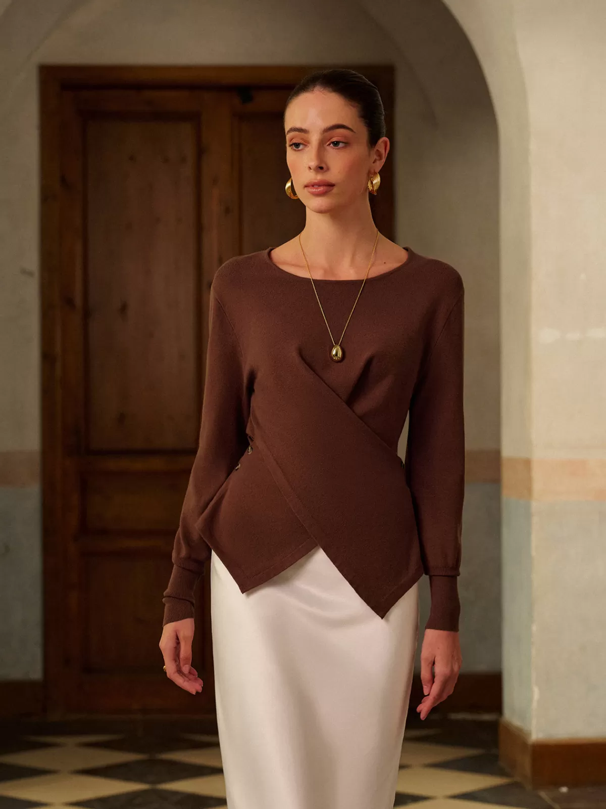 COMMENSE Criss Cross Split Knit Top DarkBrown Store