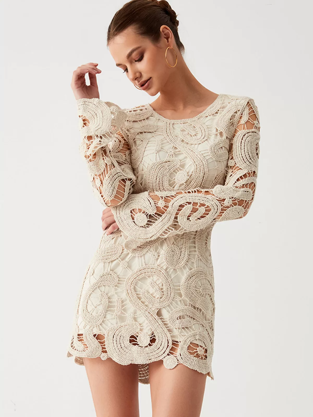 COMMENSE Crochet Paisley Long Sleeve Short Dress Apricot Best Sale