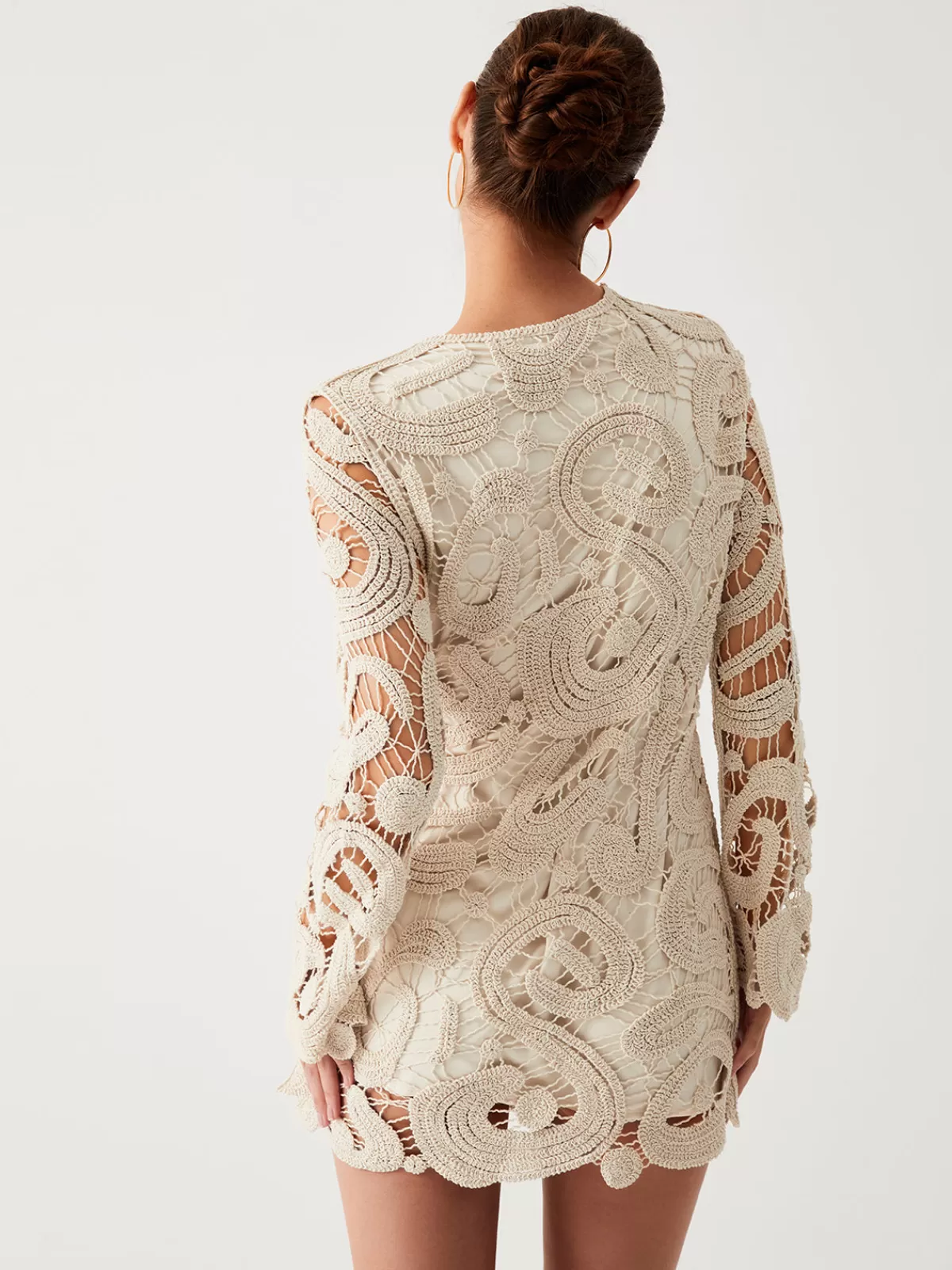 COMMENSE Crochet Paisley Long Sleeve Short Dress Apricot Best Sale