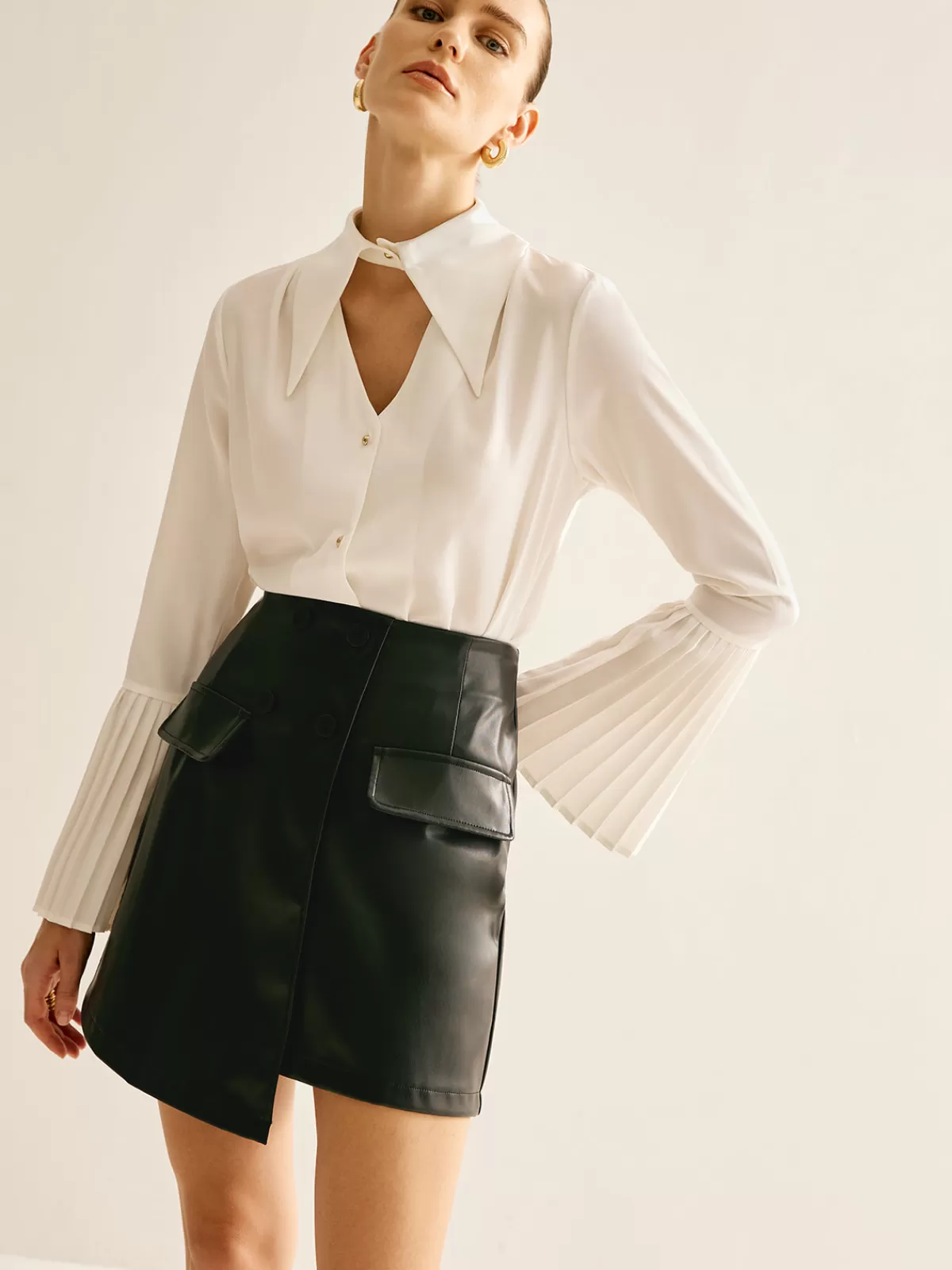 COMMENSE Cutout Plain Button Pleated Cuff Shirt White Best