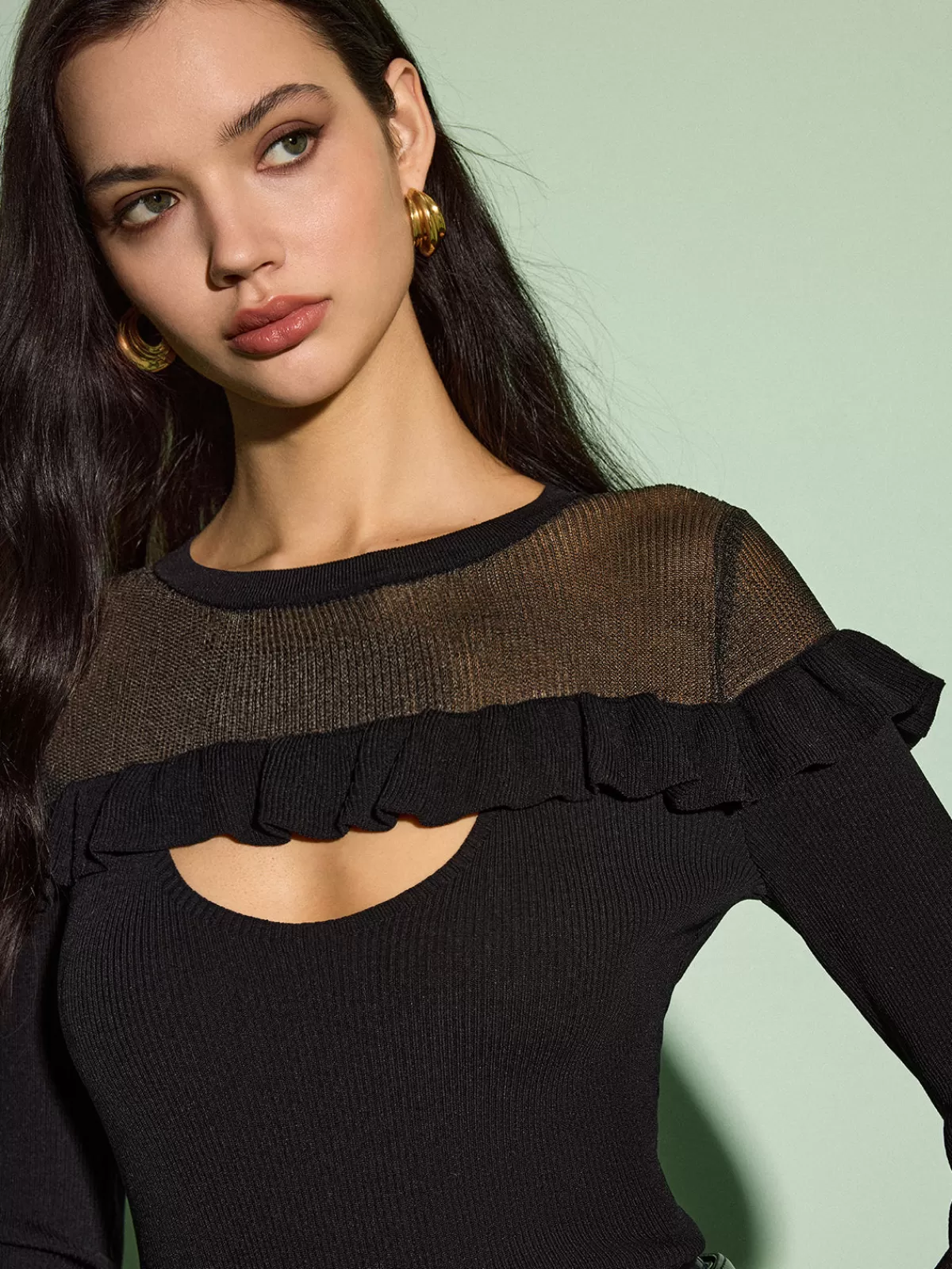 COMMENSE Cutout Ruffle Sheer Panel Knit Top Black Fashion