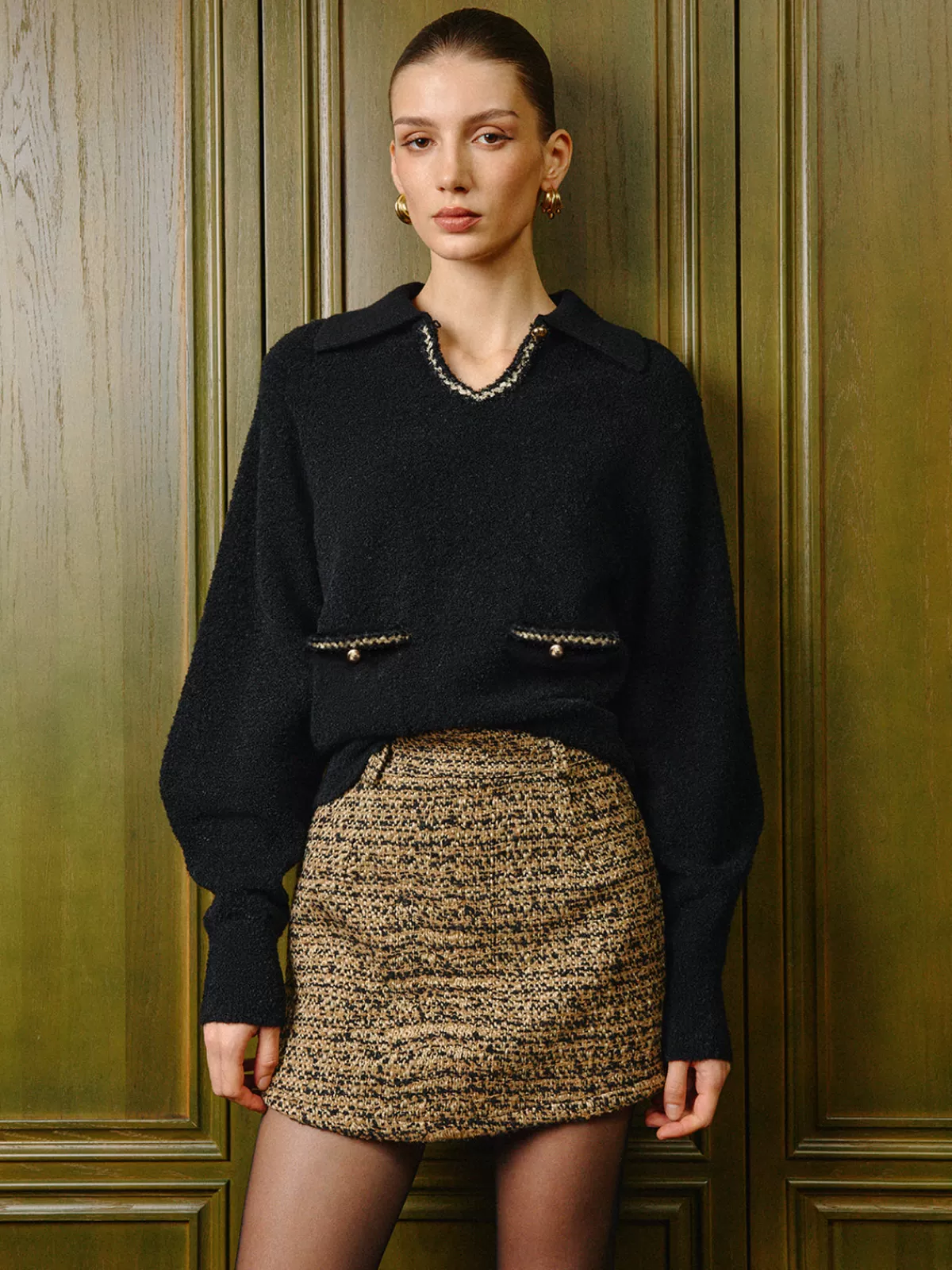 COMMENSE Elegant Contrast Binding Keyhole Neckline Polo Sweater Black Online