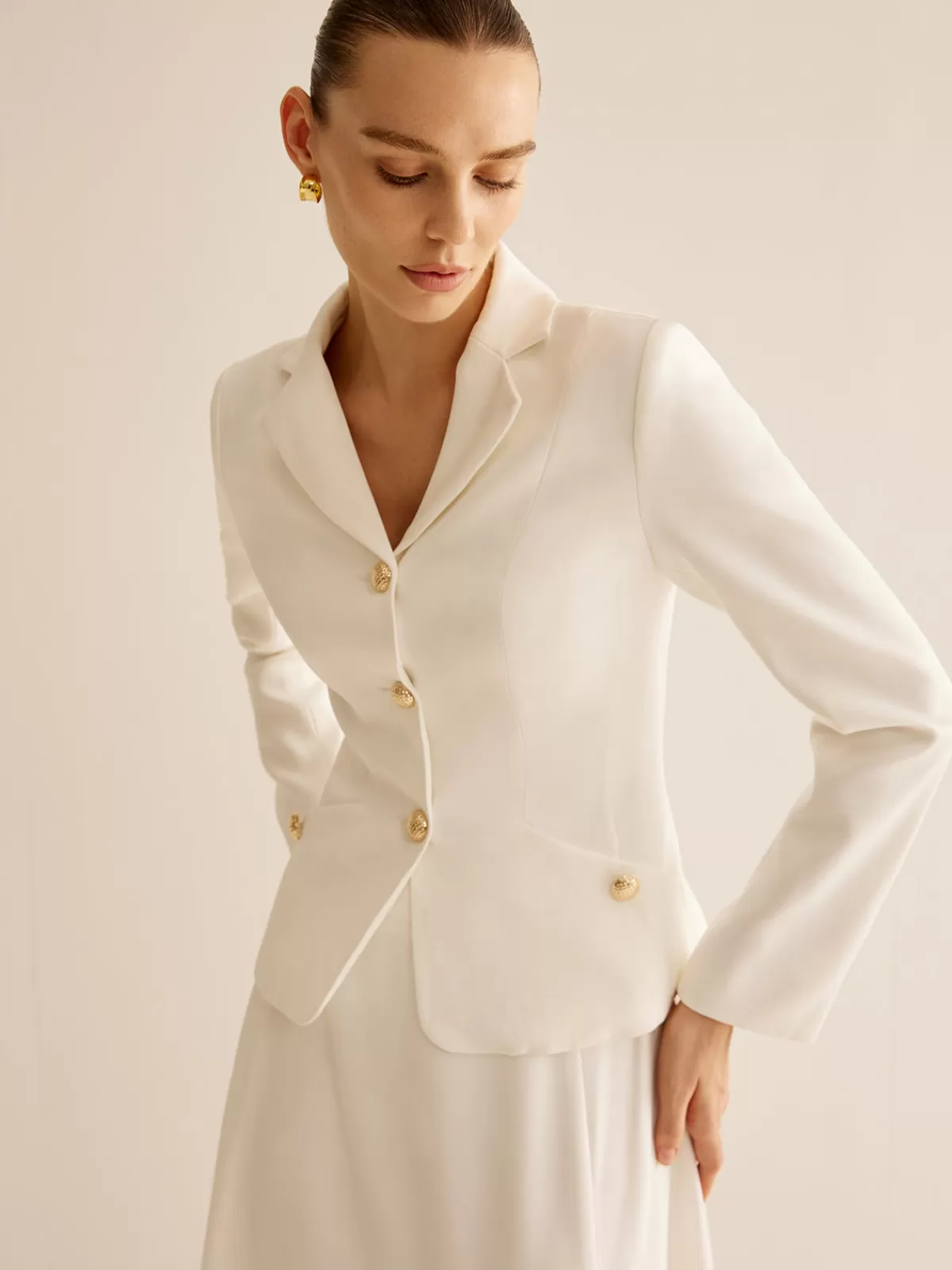 COMMENSE Elegant Metal-Button Blazer White Cheap