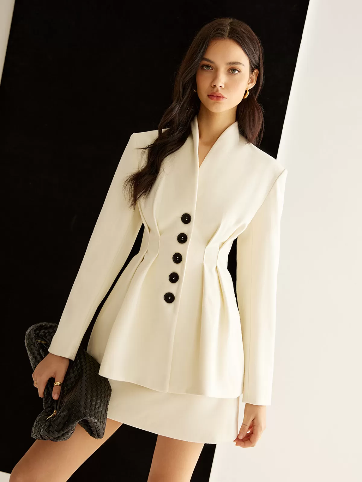 COMMENSE Elegant Pleated Button Blazer White Sale