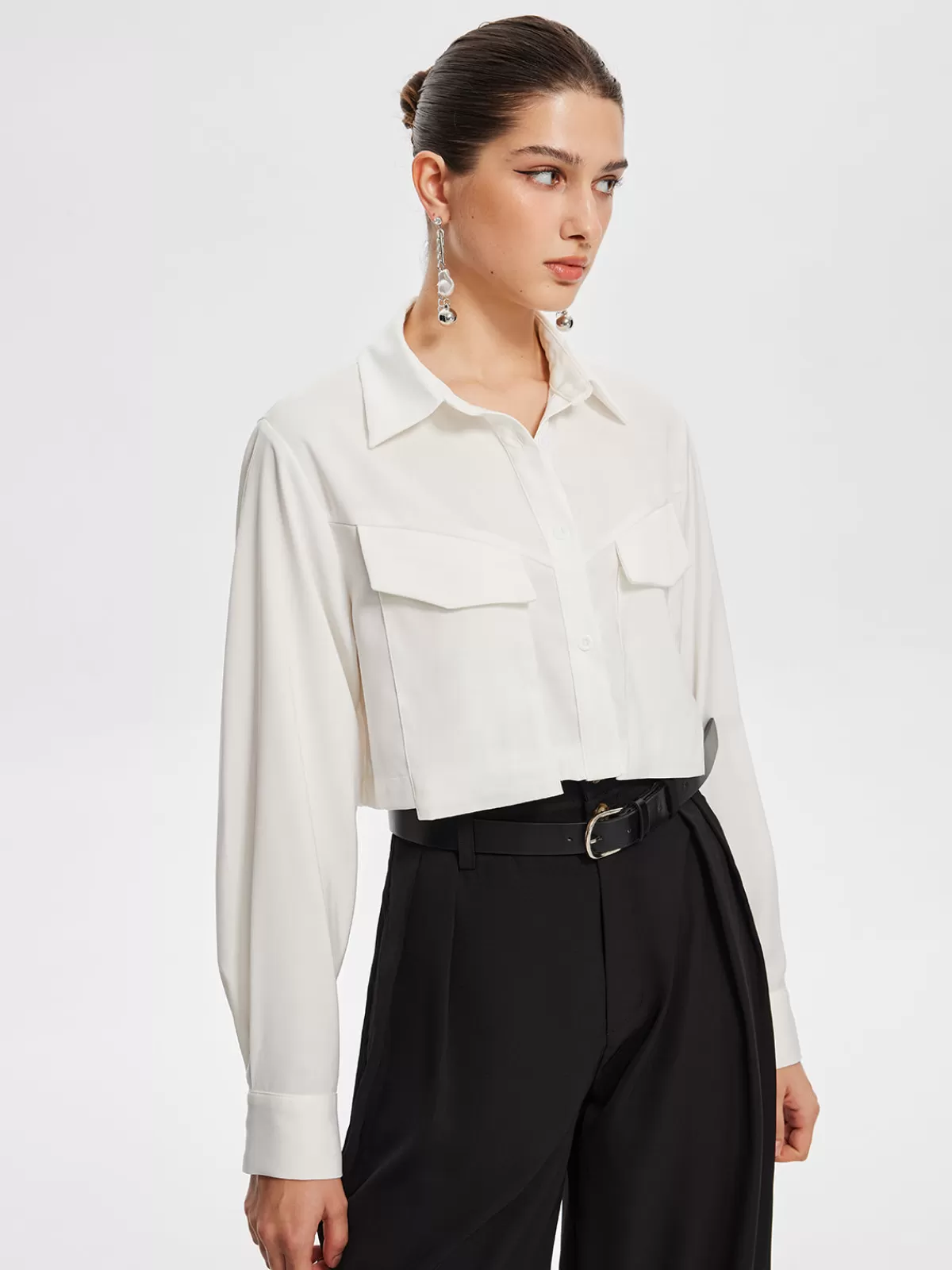 COMMENSE Fair And Square Collared Crop Shirt White New