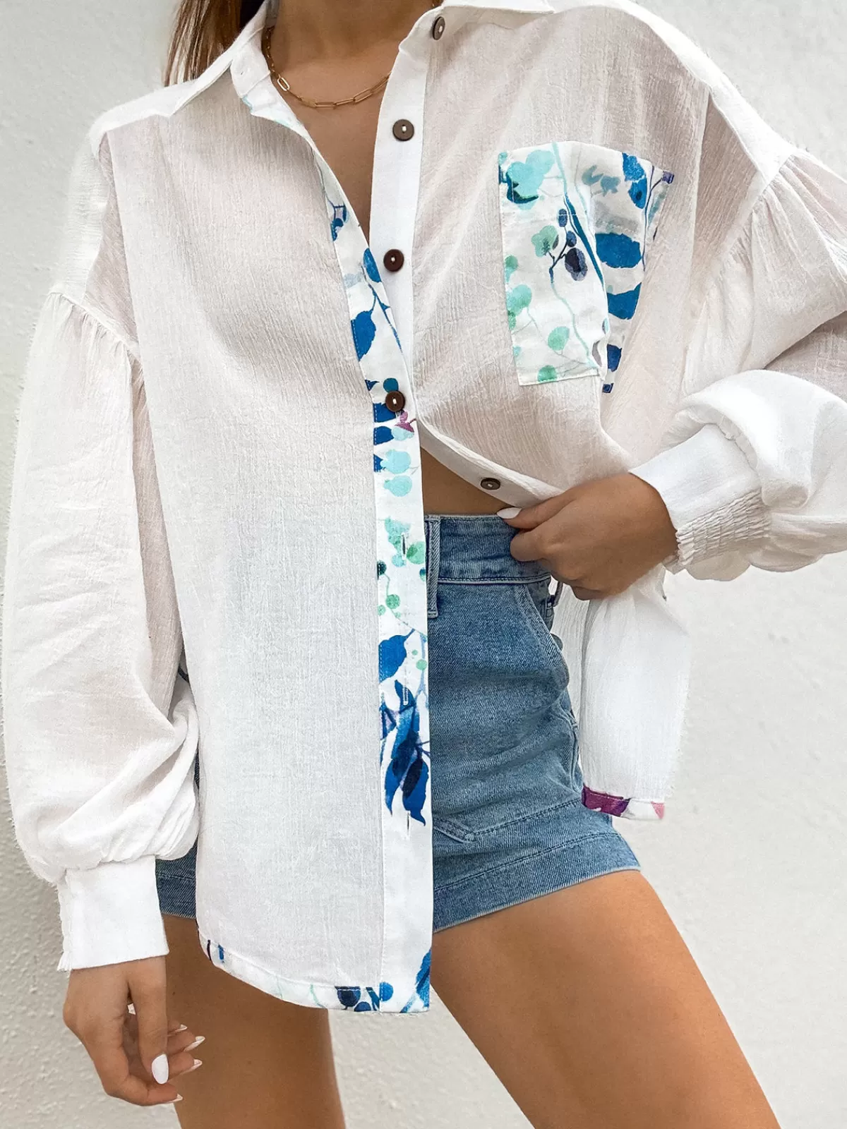 COMMENSE Floral Button Up Bishop Sleeve Shirt White Cheap