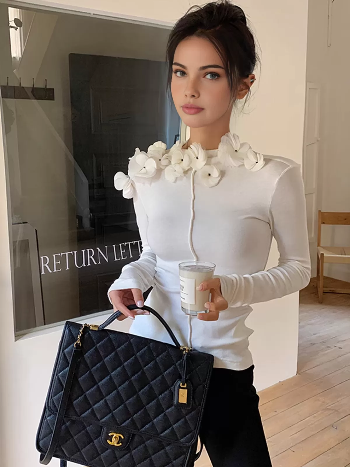 COMMENSE Floral Embroiled Piping Blouse White Fashion