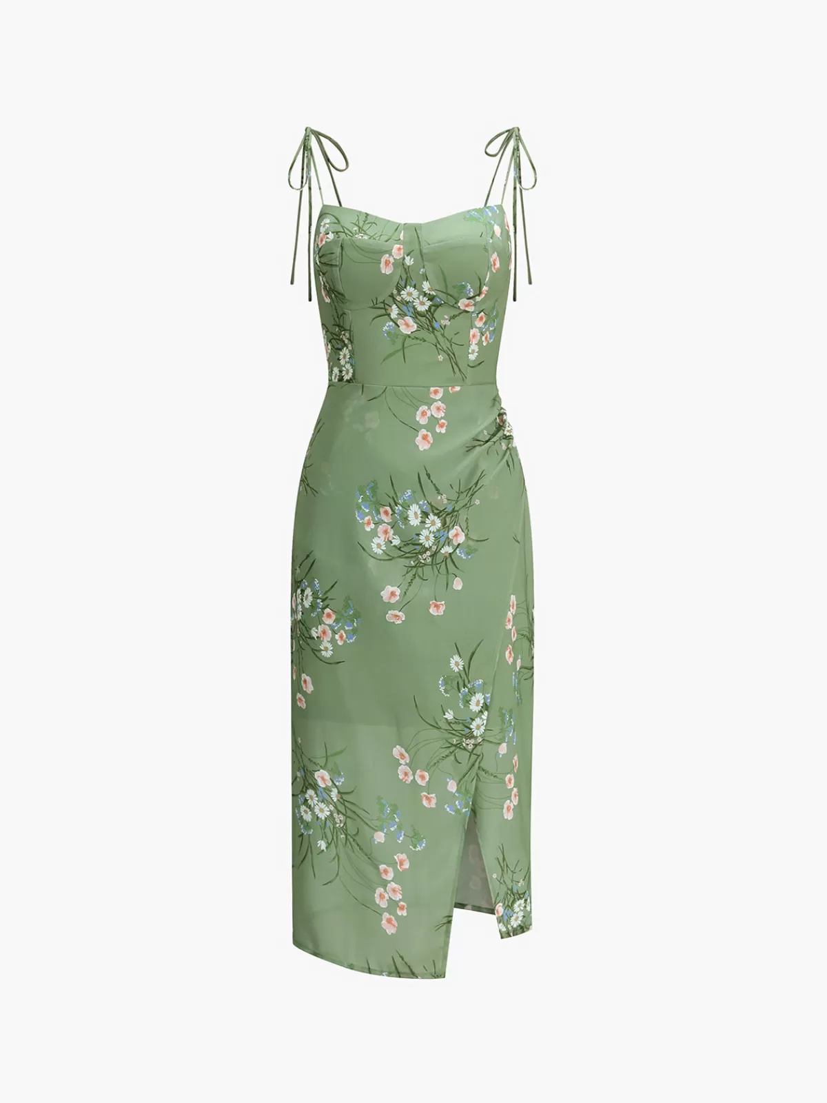 COMMENSE Floral Halter Chiffon Midi Dress Green Hot