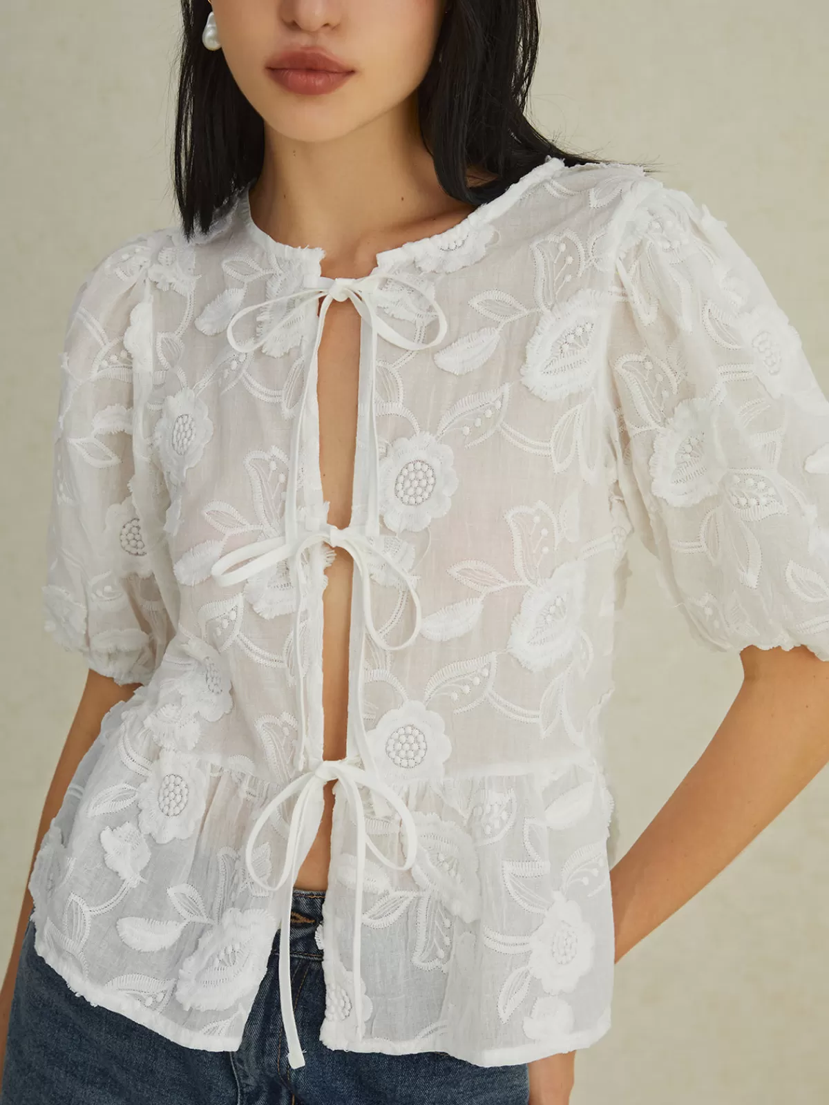 COMMENSE Floral Knotted Puff Sleeve Shirt White Cheap