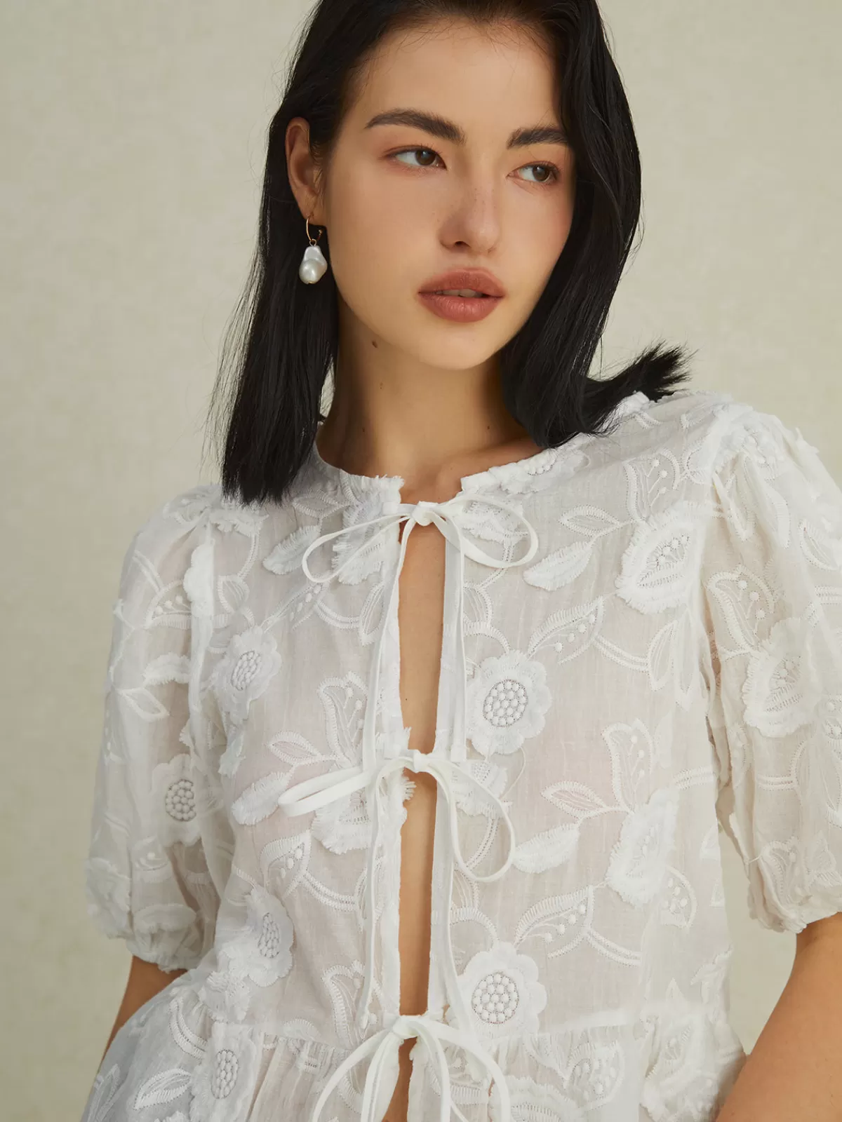 COMMENSE Floral Knotted Puff Sleeve Shirt White Cheap
