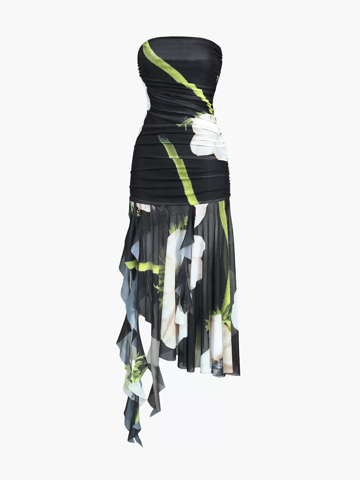 COMMENSE Gardenia Floral Mesh Pleat Tube Midi Dress Black Best