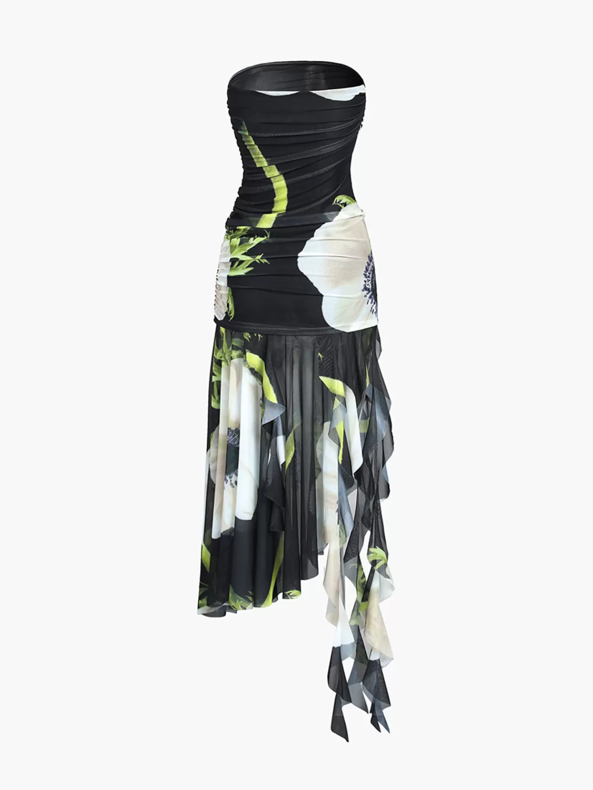 COMMENSE Gardenia Floral Mesh Pleat Tube Midi Dress Black Best