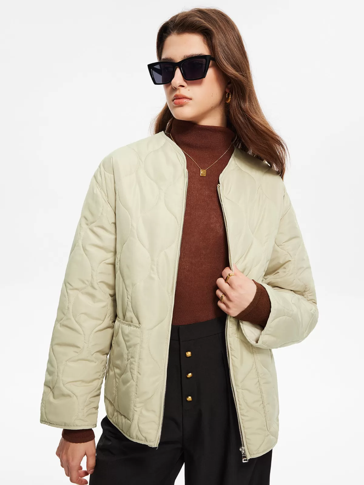 COMMENSE Geometric-Pattern Plain Winter Coat Green Hot