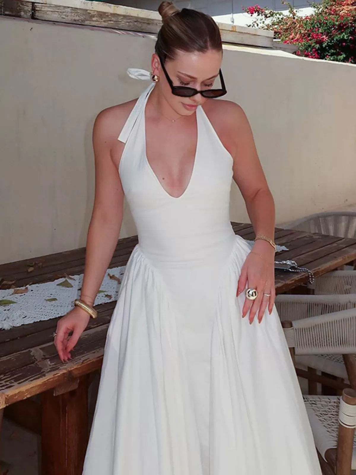 COMMENSE Halter Backless Zipper Low Cut Dress White Store