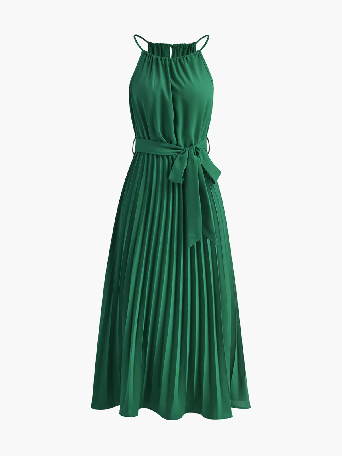 COMMENSE Halter Belted Pleated Midi Dress Green Outlet