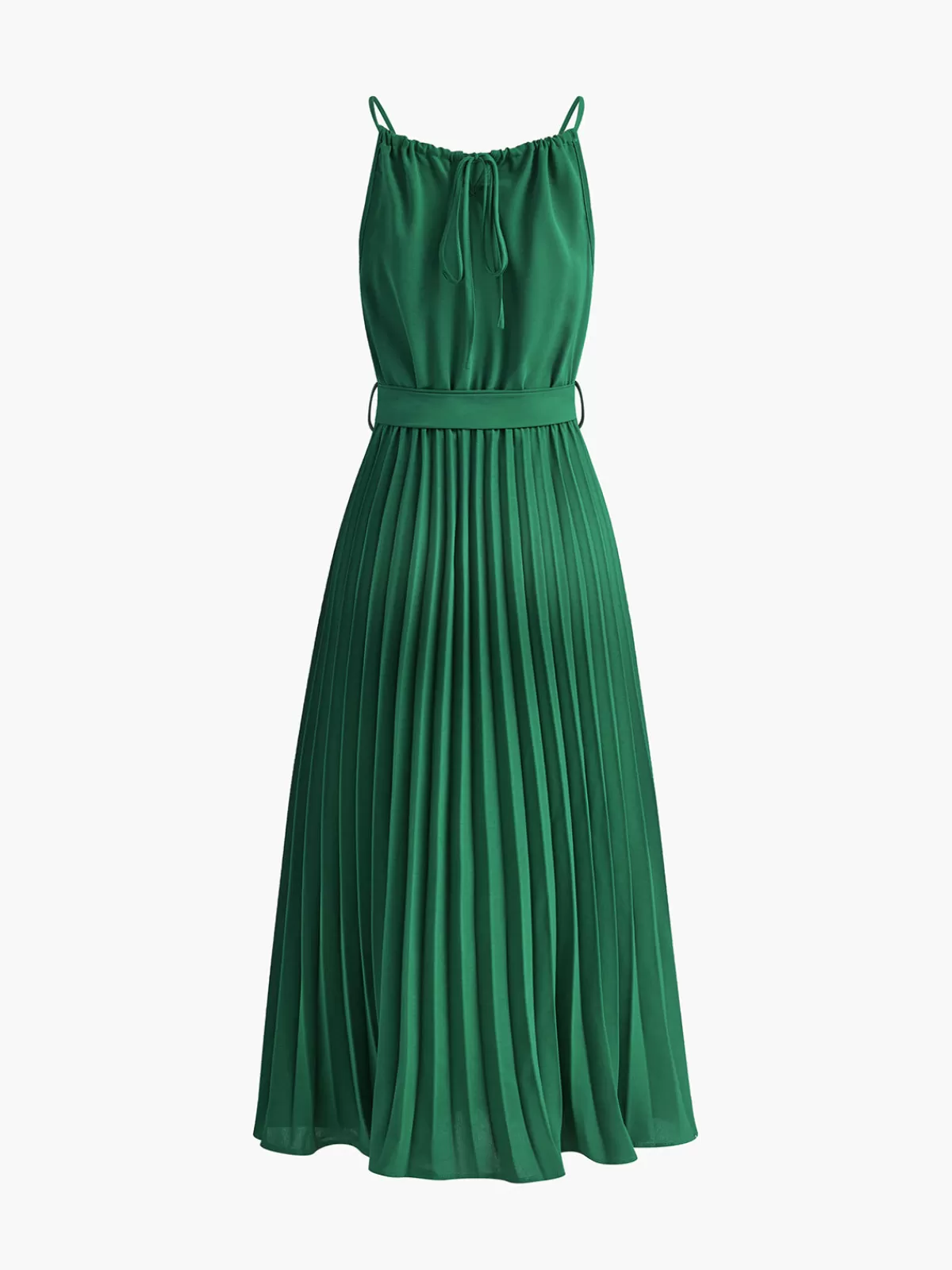 COMMENSE Halter Belted Pleated Midi Dress Green Outlet