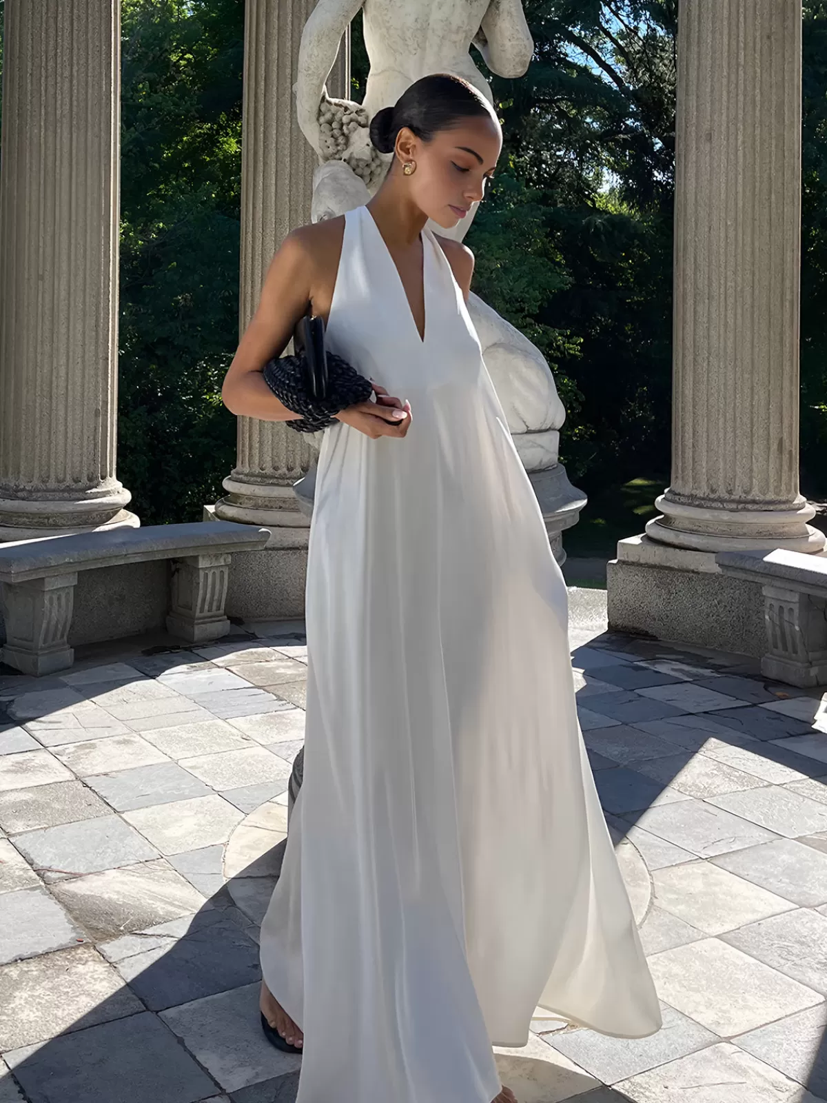 COMMENSE Halter V-Neck Sleeveless Long Dress White Sale