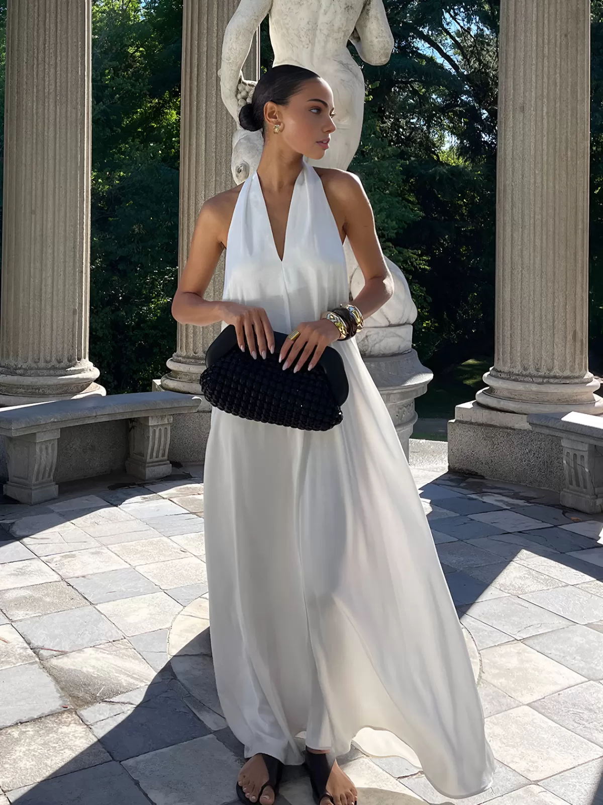 COMMENSE Halter V-Neck Sleeveless Long Dress White Sale
