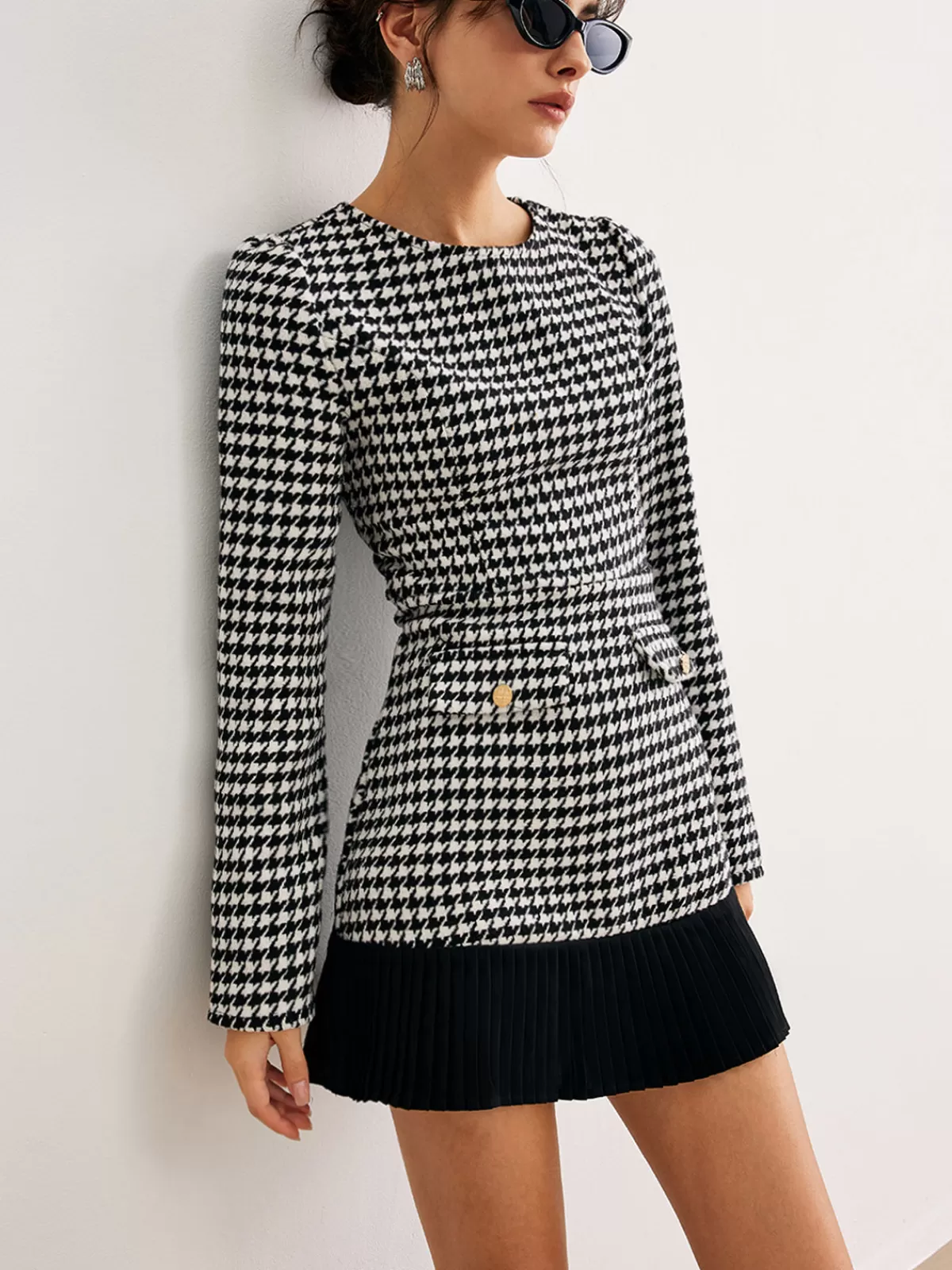 COMMENSE Houndstooth Panel Short Dress BlackandWhite Best