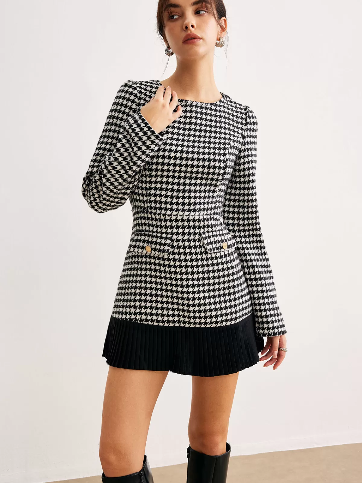 COMMENSE Houndstooth Panel Short Dress BlackandWhite Best