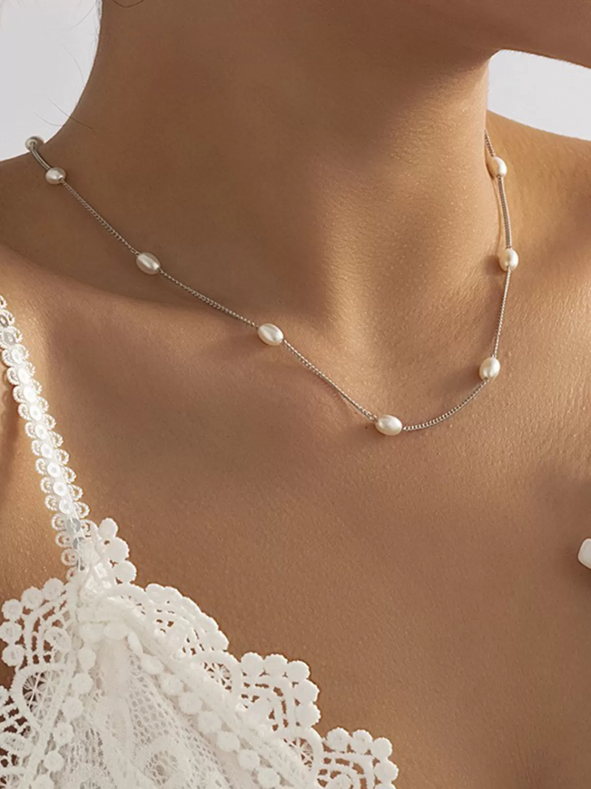 COMMENSE Imitation Pearl Tassel Necklace Silver Flash Sale