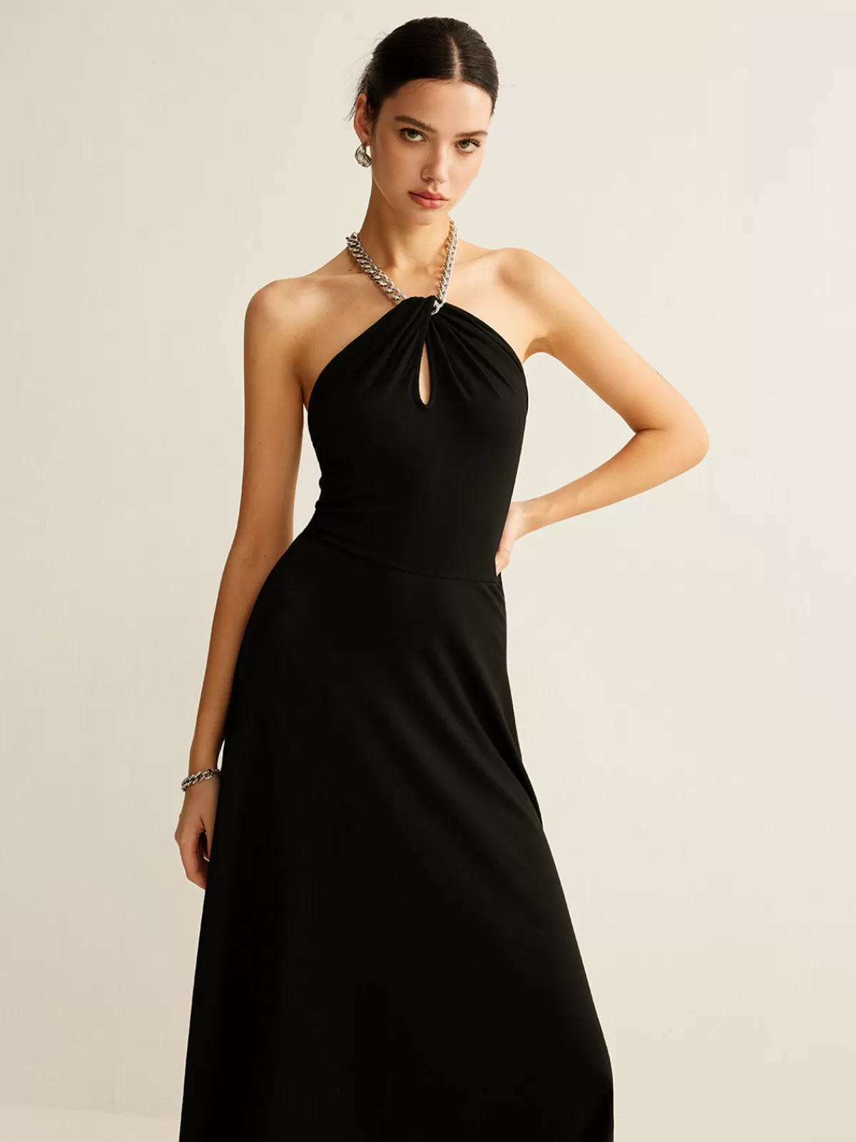 COMMENSE Keyhole Neckline Sleeveless Halter Dress Black New
