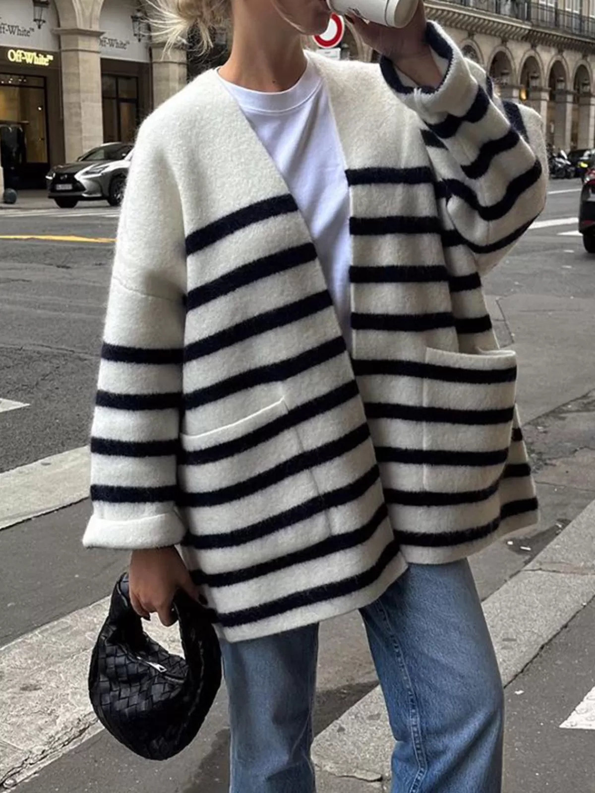 COMMENSE Knit Oversized Stripe Pocket Cardigan BlackandWhite Store