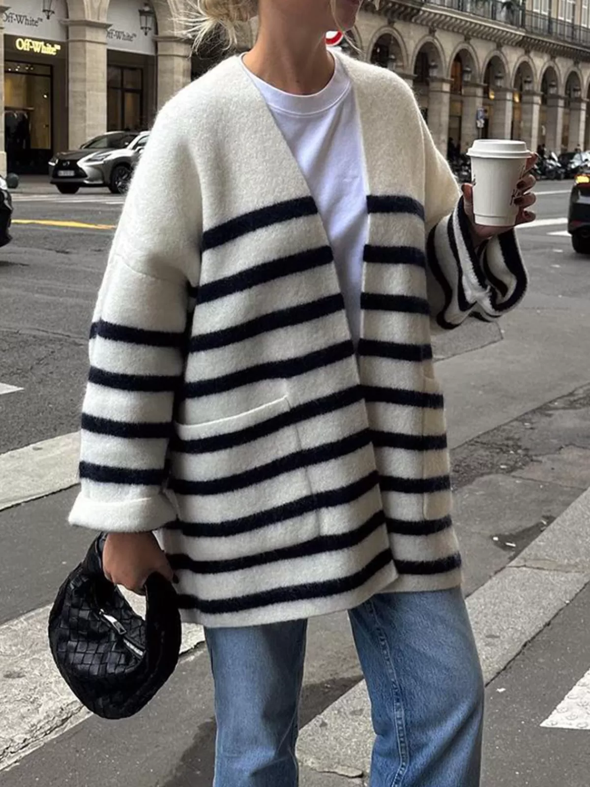 COMMENSE Knit Oversized Stripe Pocket Cardigan BlackandWhite Store